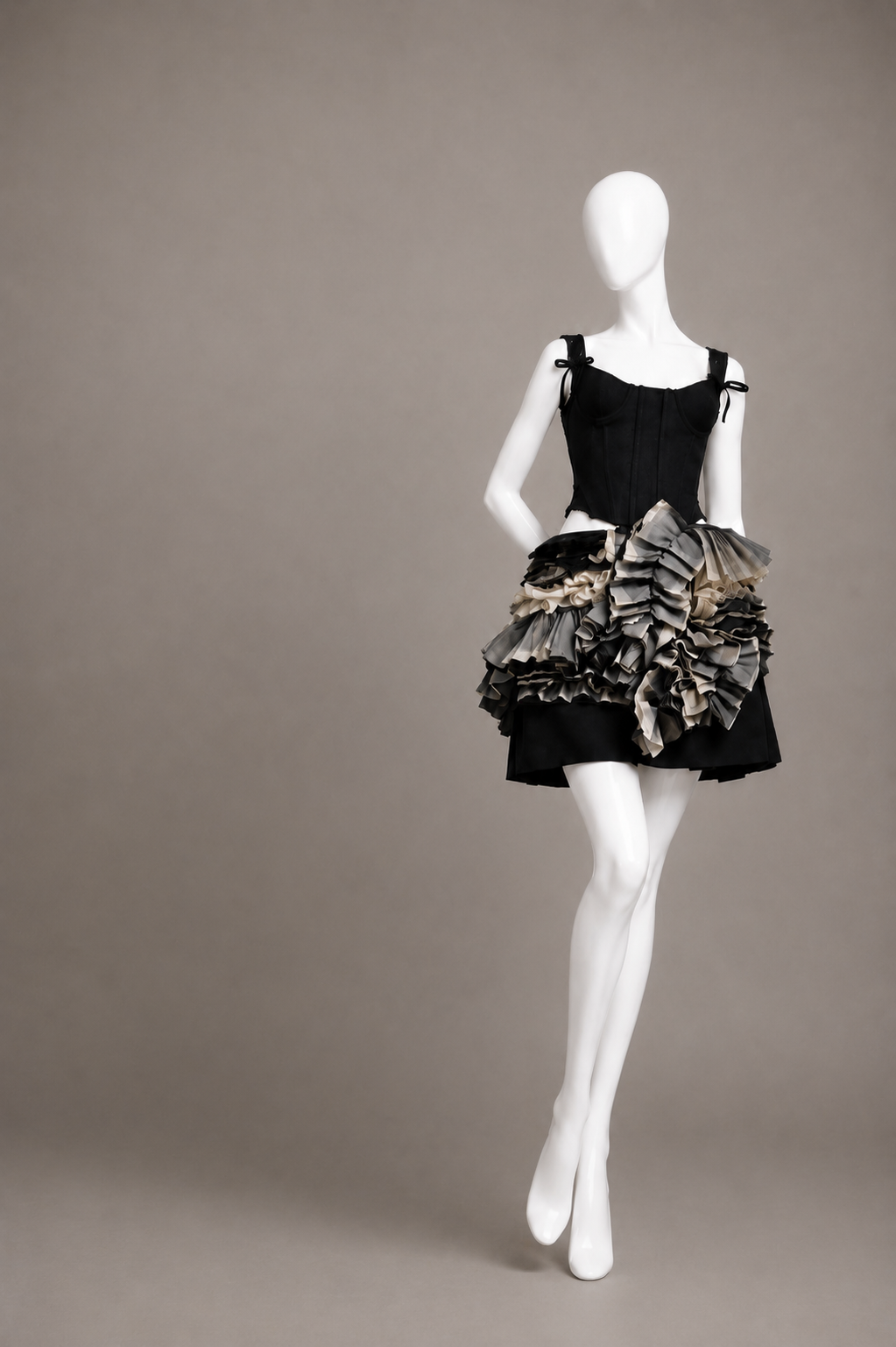 TAO FOR COMME DES GARCONS BLACK KNIT CORSET TOP WITH VELVET BOWS & RUFFLES