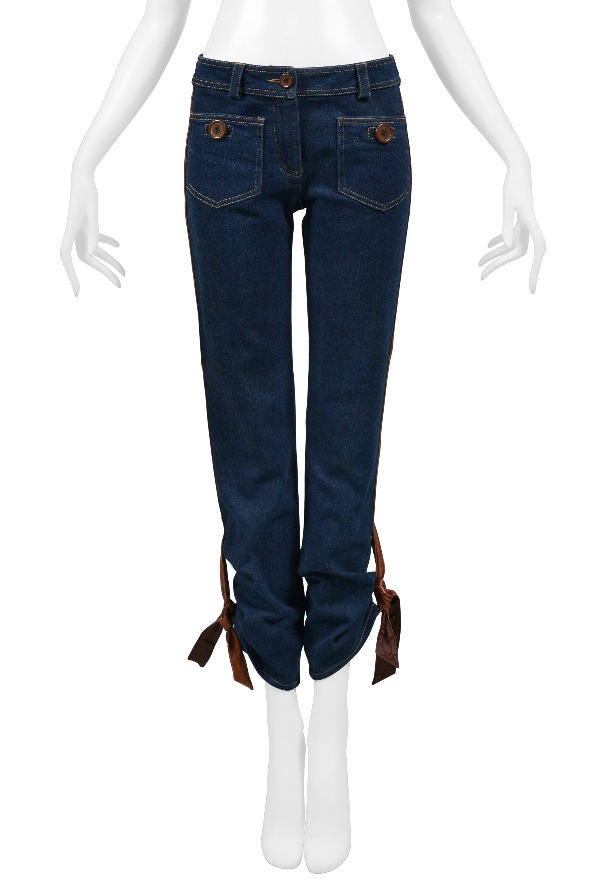 CHRISTIAN DIOR BLUE DENIM JEANS WITH LEATHER TRIM & TIES 2005