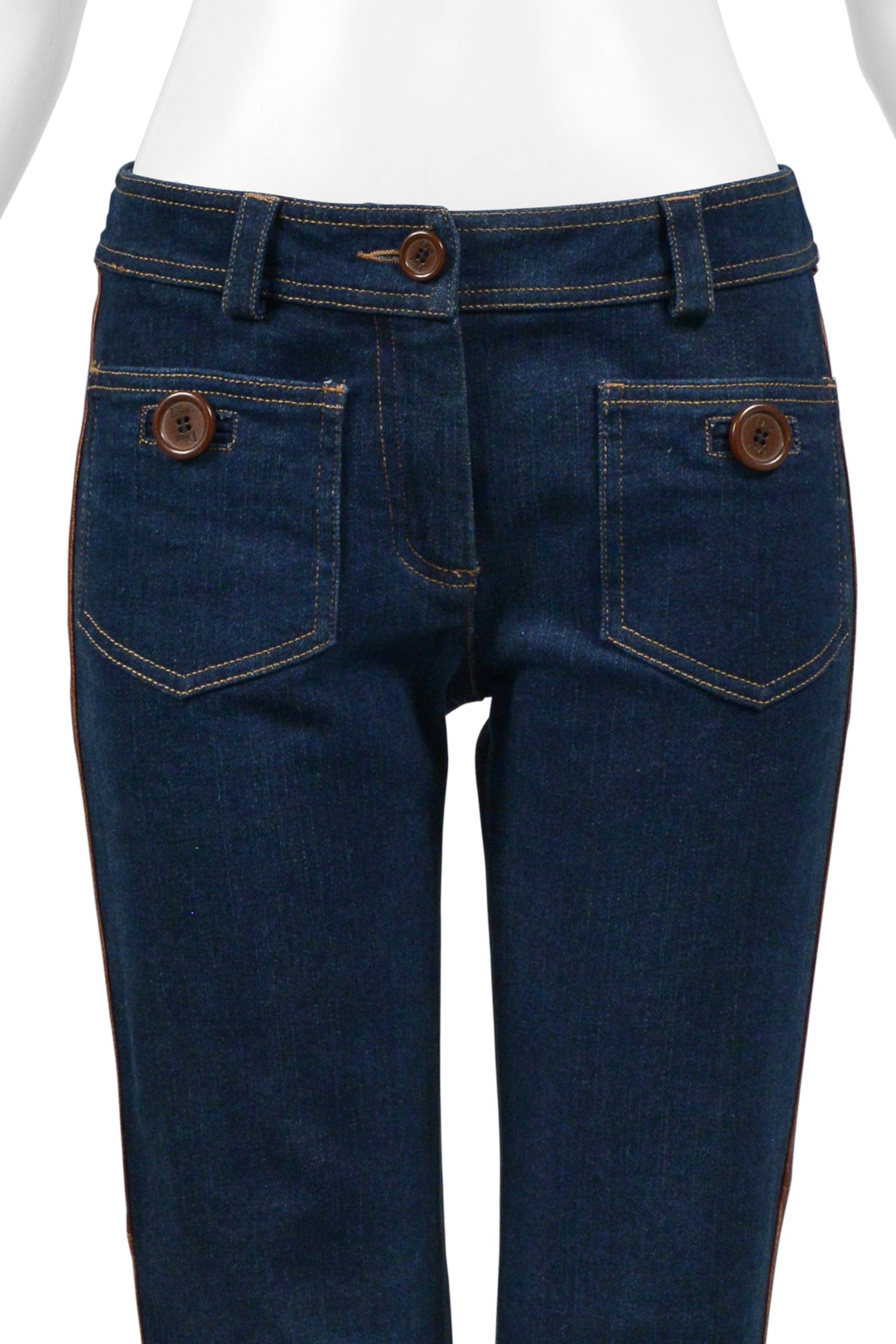 CHRISTIAN DIOR BLUE DENIM JEANS WITH LEATHER TRIM & TIES 2005