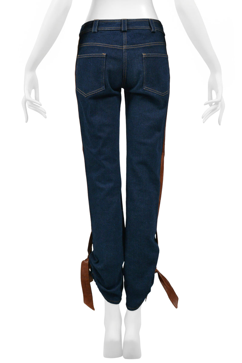 CHRISTIAN DIOR BLUE DENIM JEANS WITH LEATHER TRIM & TIES 2005