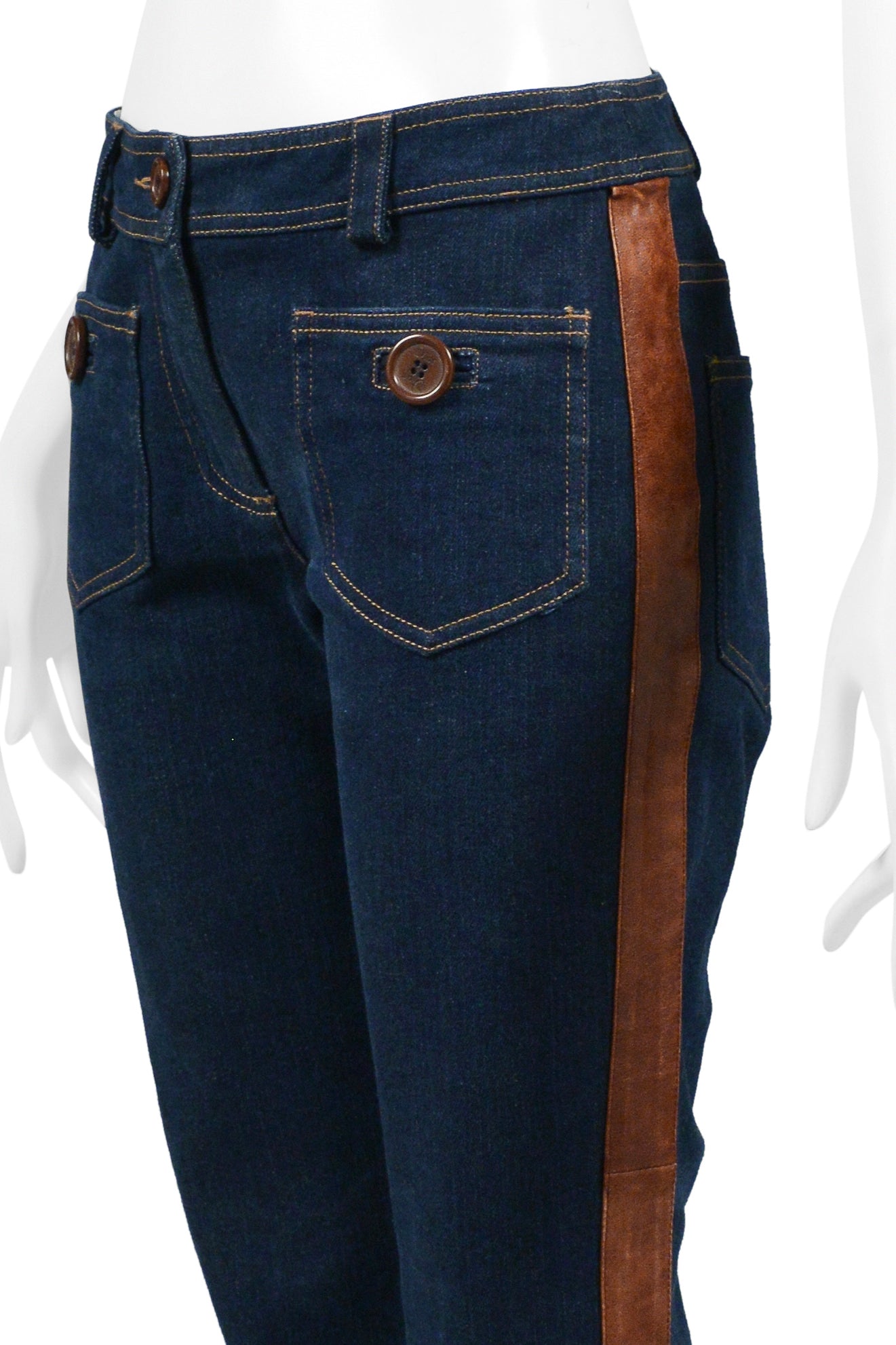 CHRISTIAN DIOR BLUE DENIM JEANS WITH LEATHER TRIM & TIES 2005