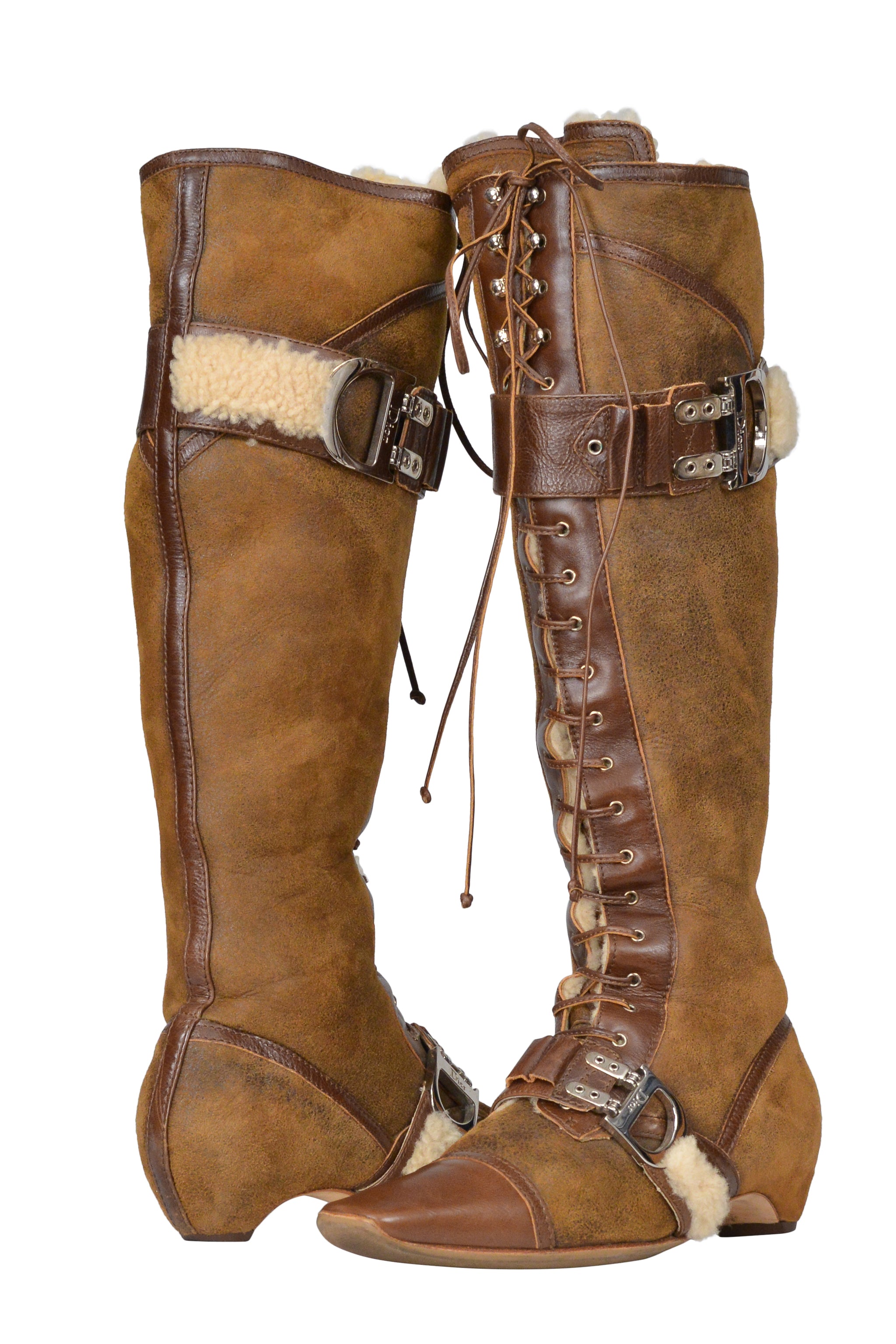 CHRISTIAN DIOR BROWN SHEARLING LACE UP BOOTS 2005