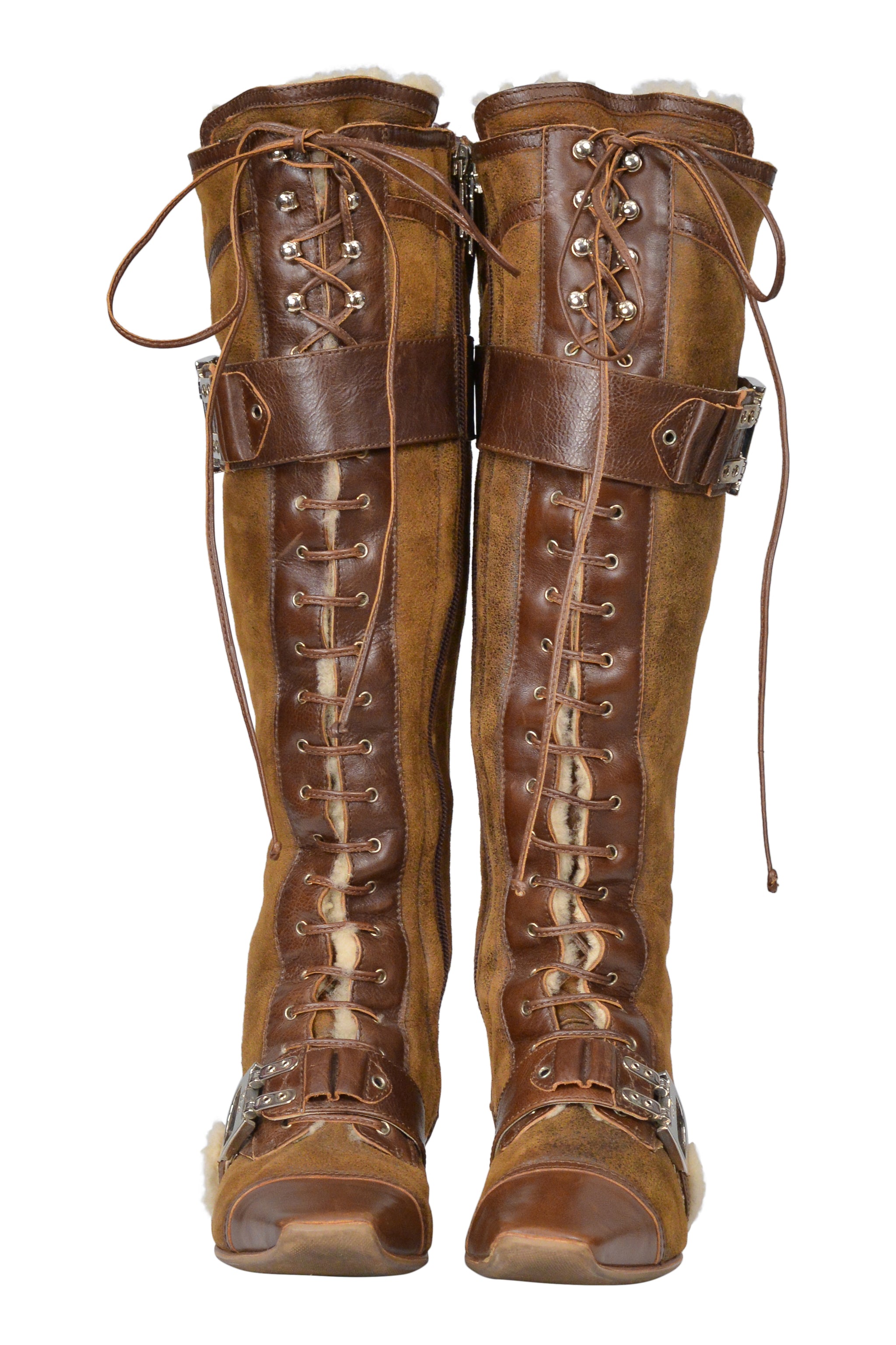 CHRISTIAN DIOR BROWN SHEARLING LACE UP BOOTS 2005