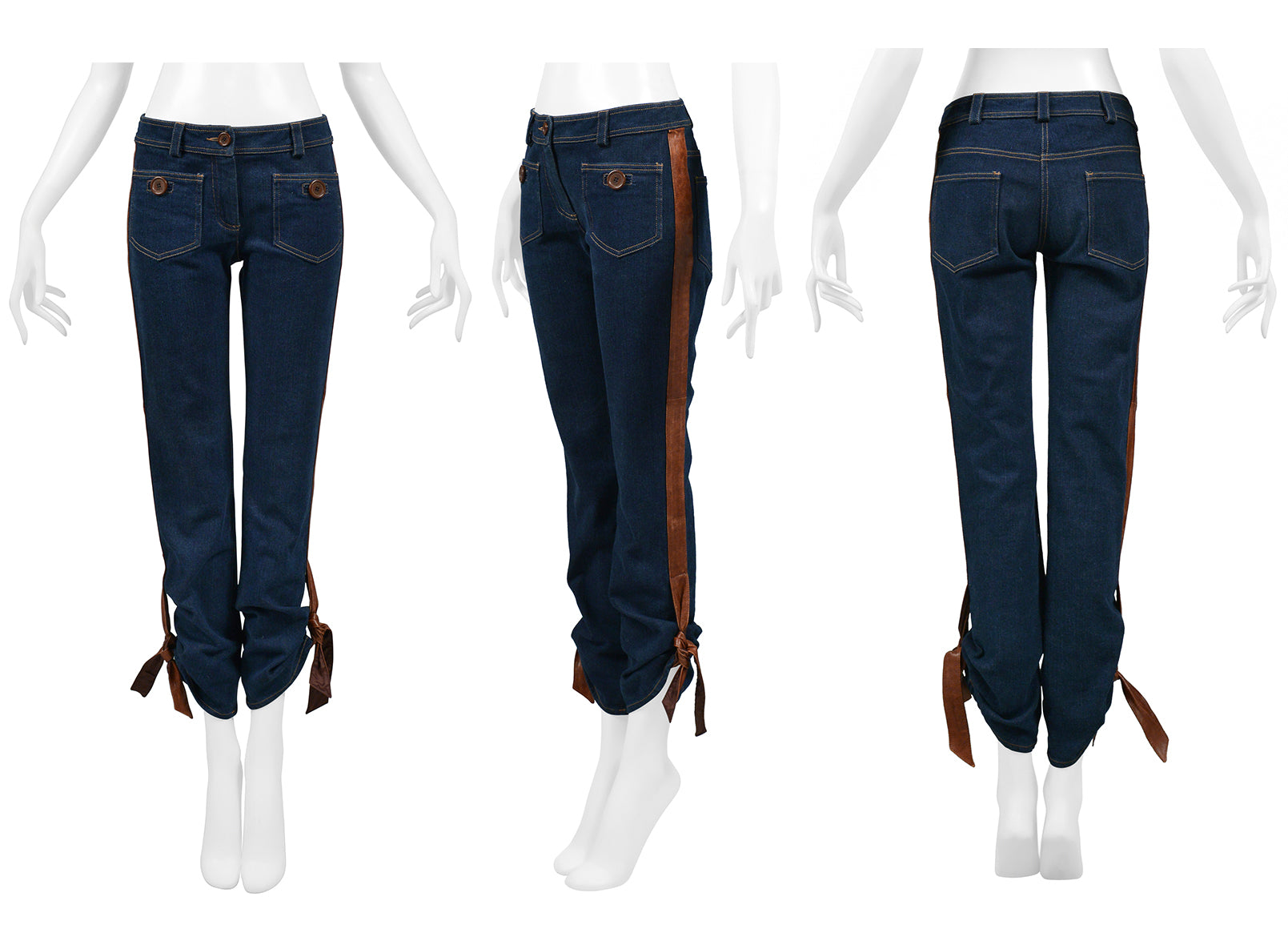 CHRISTIAN DIOR BLUE DENIM JEANS WITH LEATHER TRIM & TIES 2005