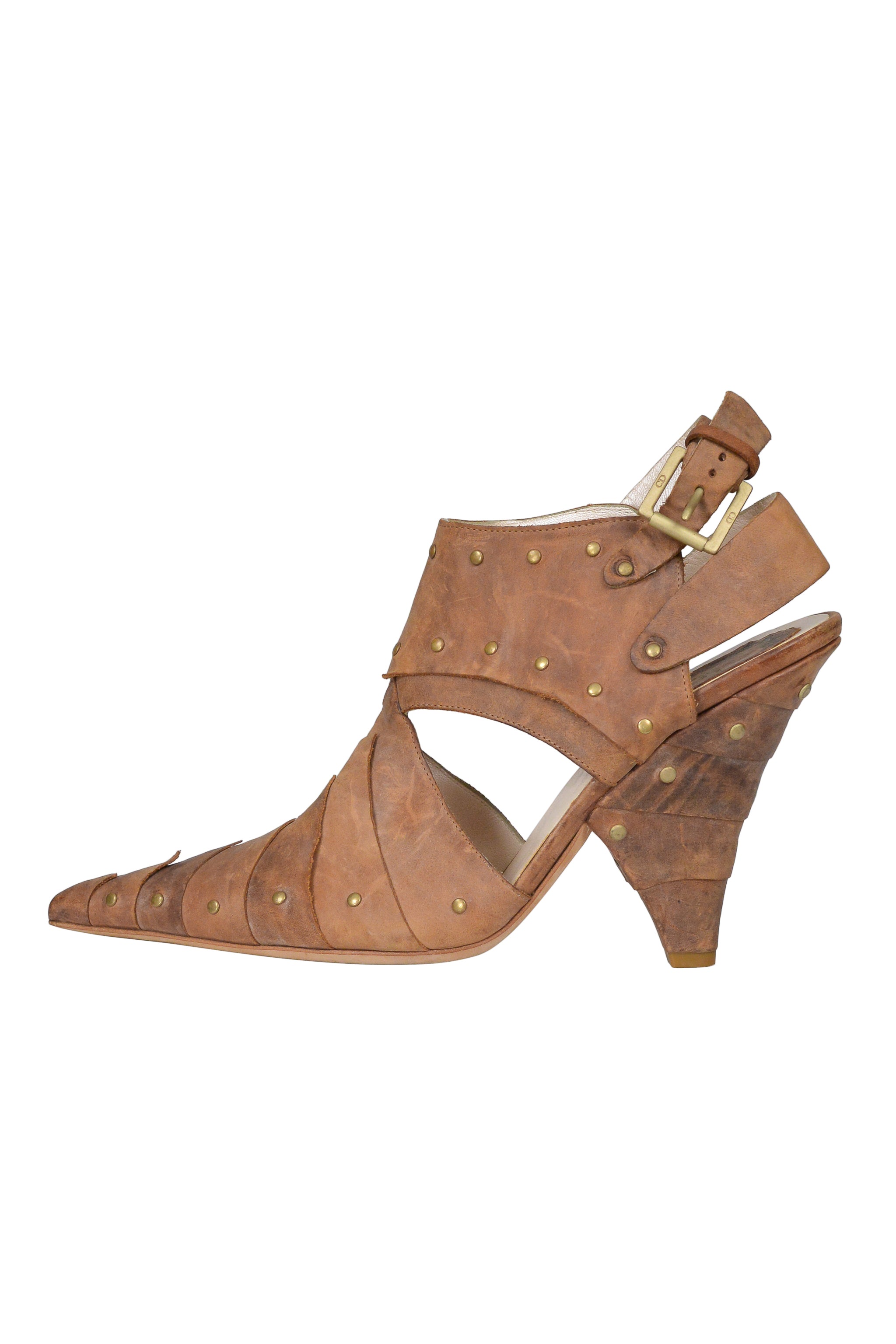 CHRISTIAN DIOR ARTICULATED BROWN LEATHER PUMP WITH STUDS 2007