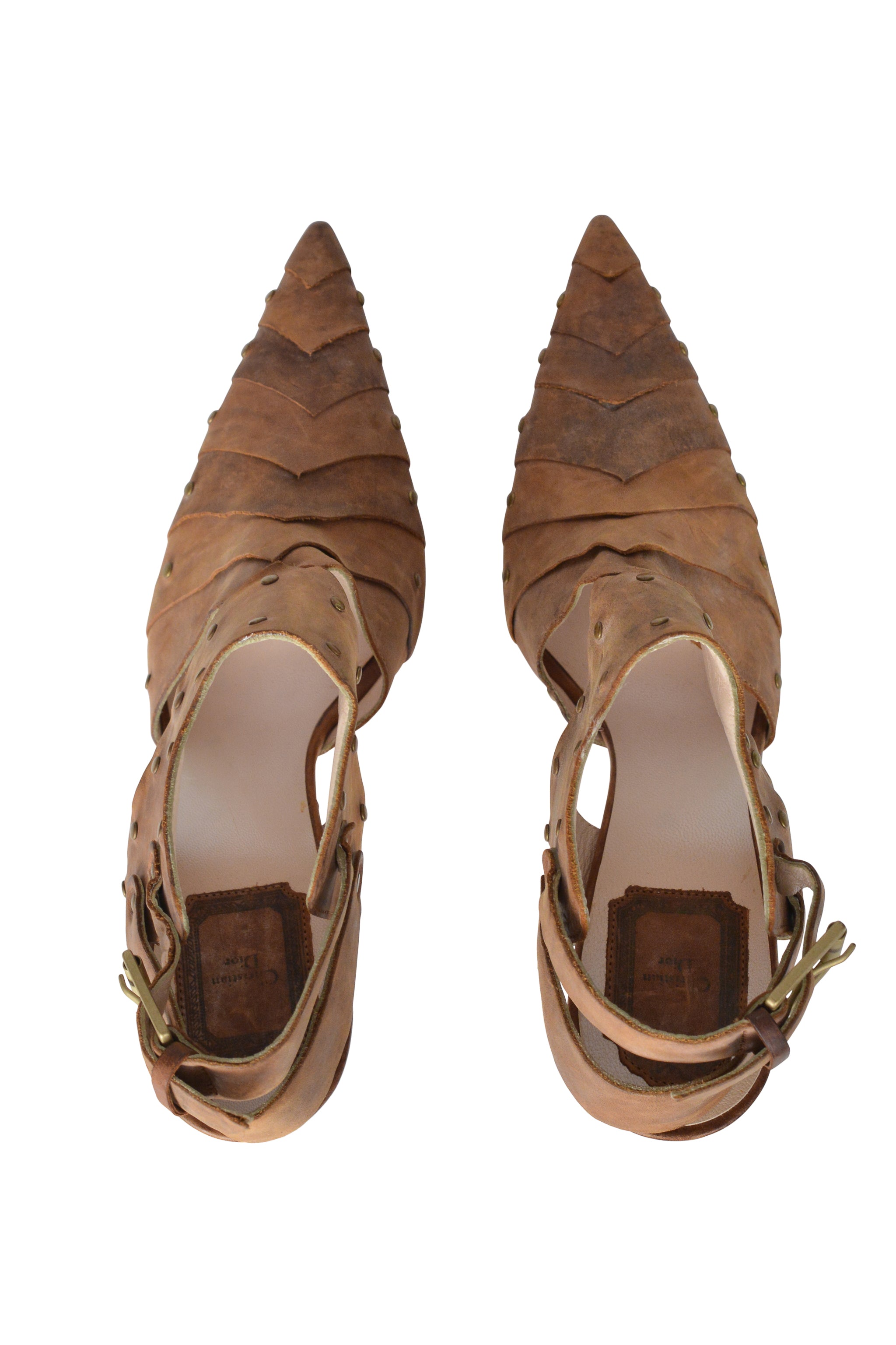 CHRISTIAN DIOR ARTICULATED BROWN LEATHER PUMP WITH STUDS 2007