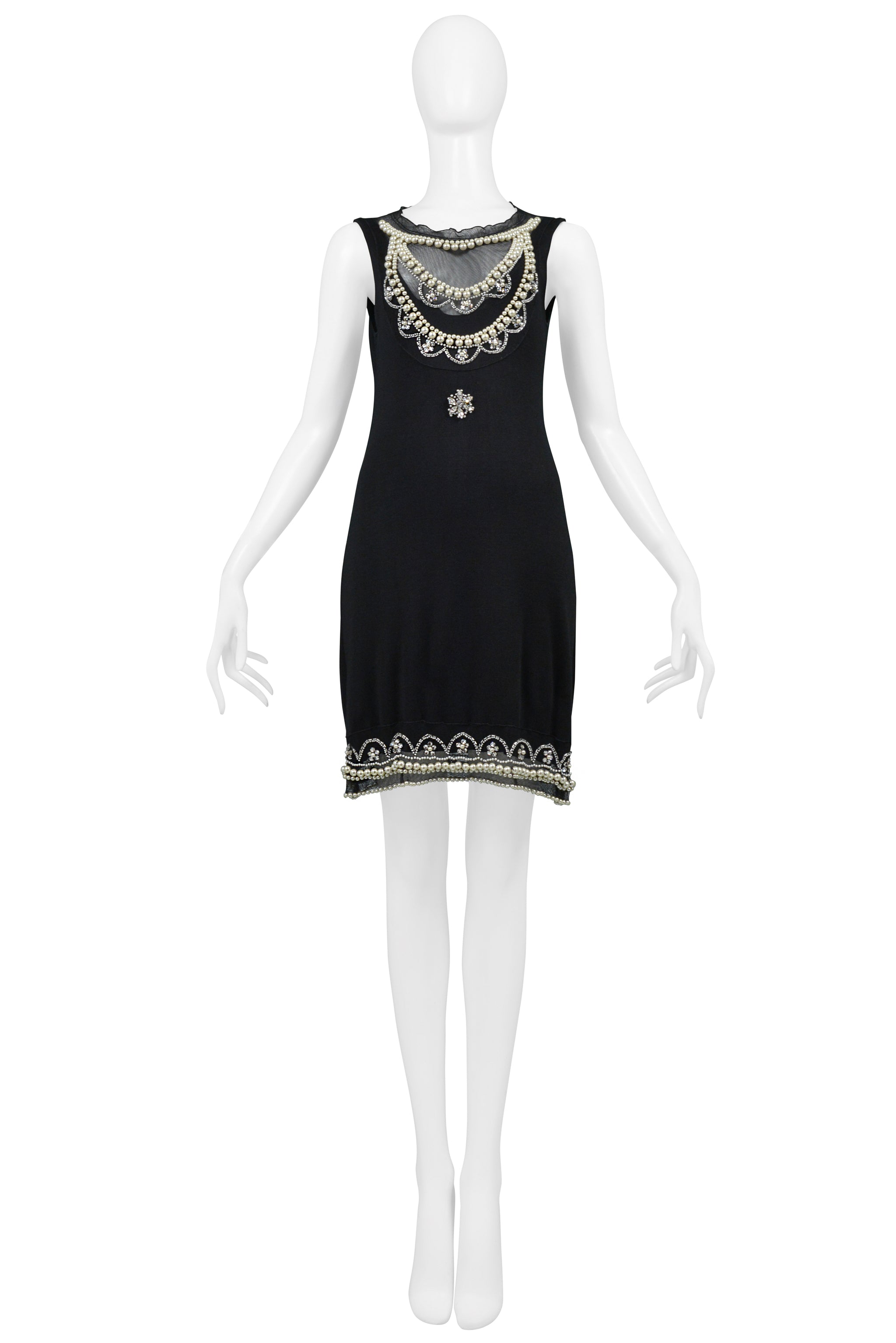 CHRISTIAN DIOR BY JOHN GALLIANO BLACK SILK DRESS WITH PEARLS & CRYSTAL EMBELLISHMENTS