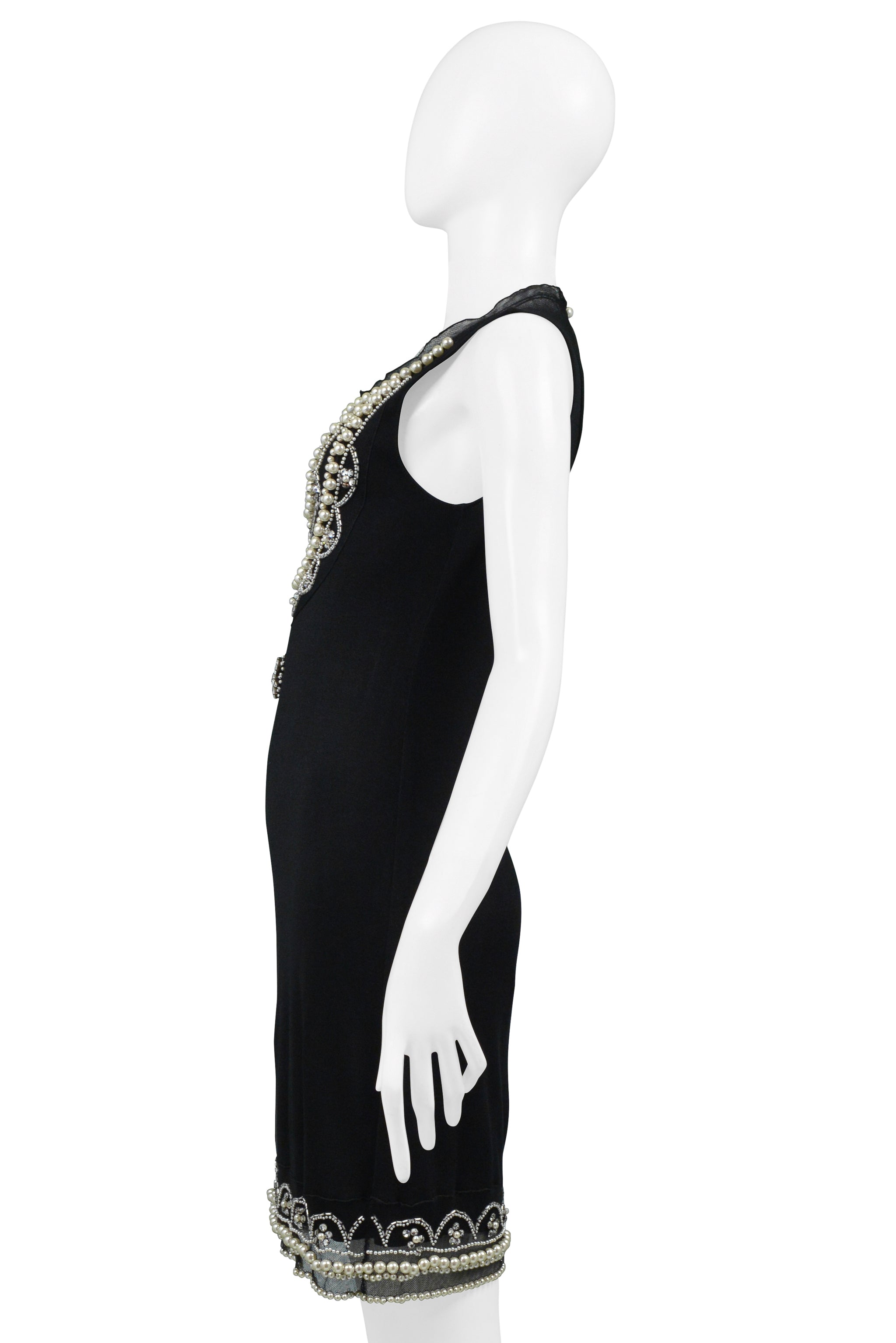 CHRISTIAN DIOR BY JOHN GALLIANO BLACK SILK DRESS WITH PEARLS & CRYSTAL EMBELLISHMENTS
