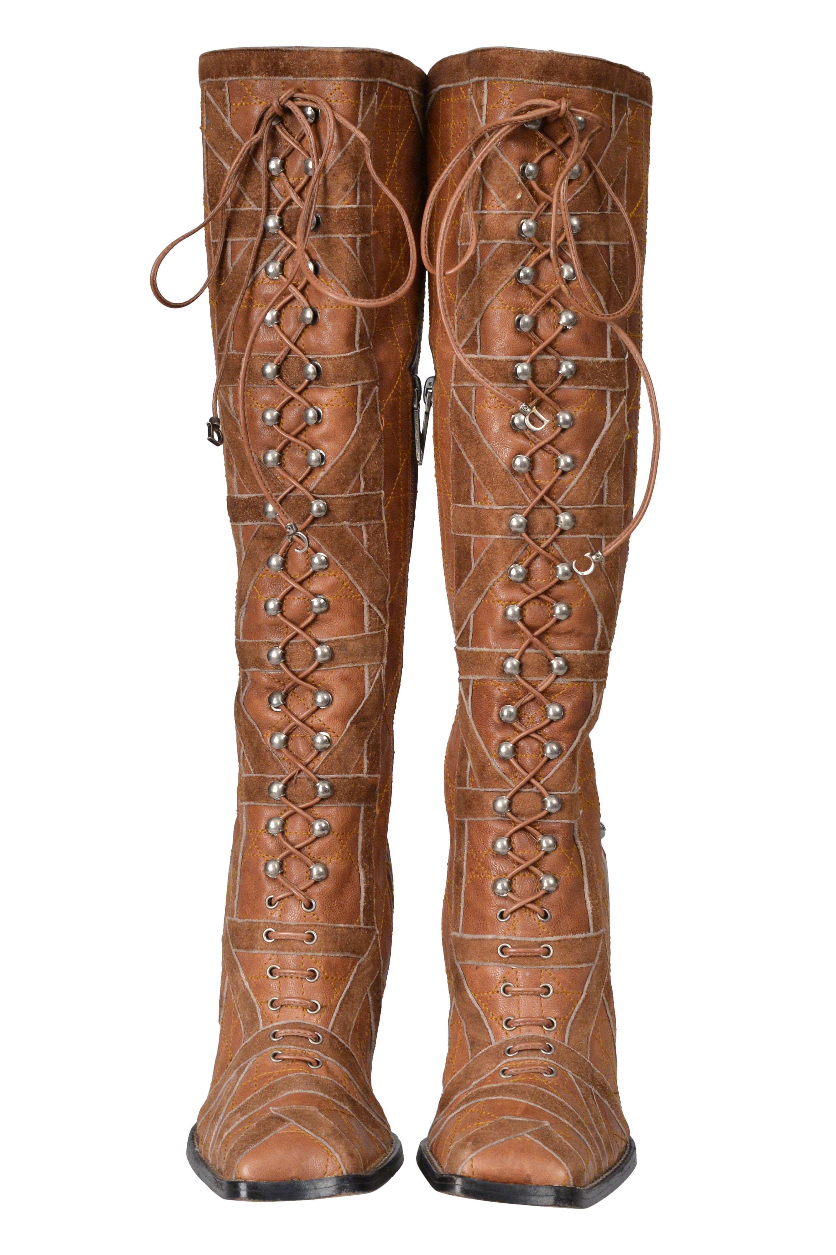 CHRISTIAN DIOR BY JOHN GALLIANO BROWN LEATHER PATCHWORK BOOTS