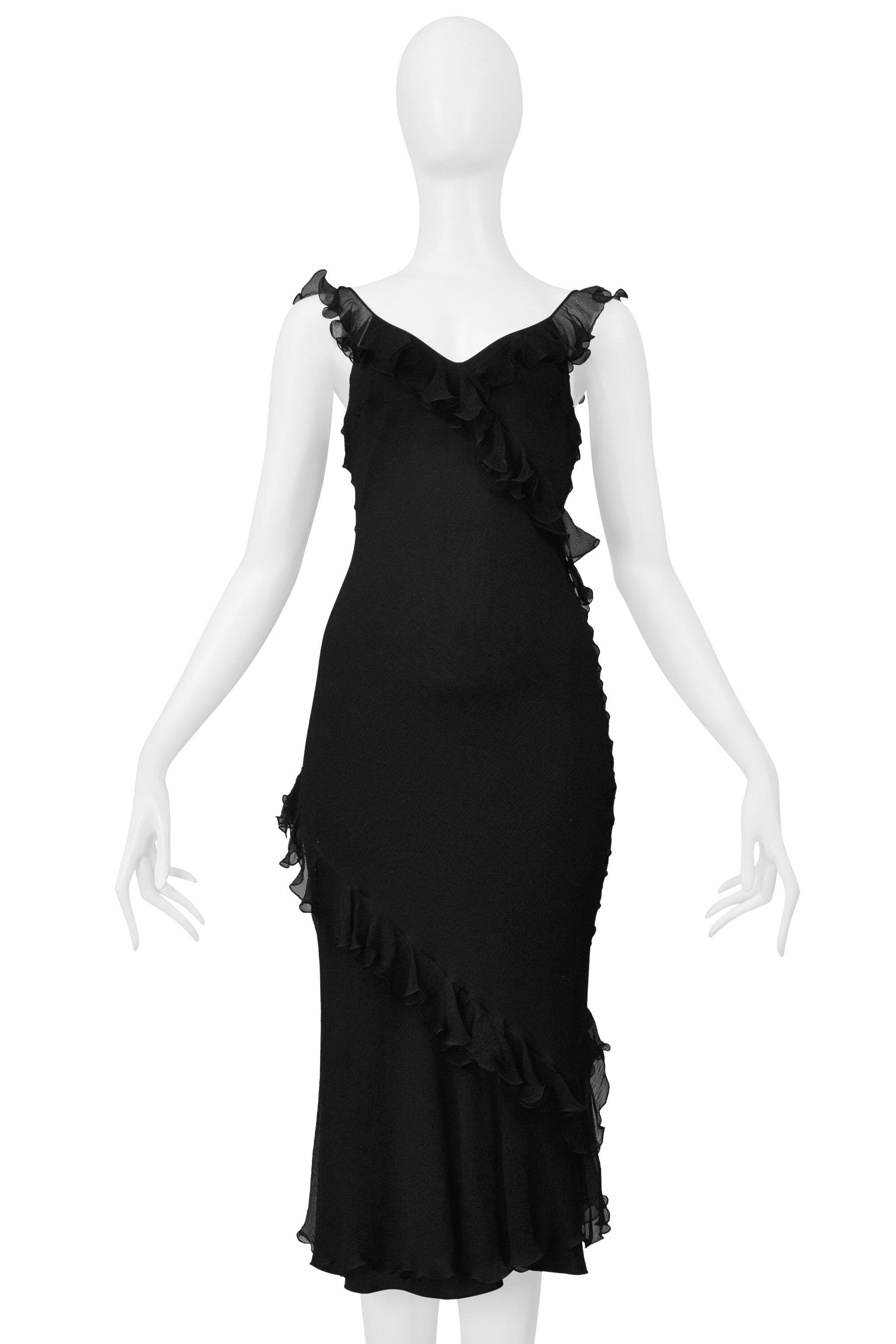 DIOR BY JOHN GALLIANO BLACK CHIFFON SLIP DRESS WITH RUFFLES