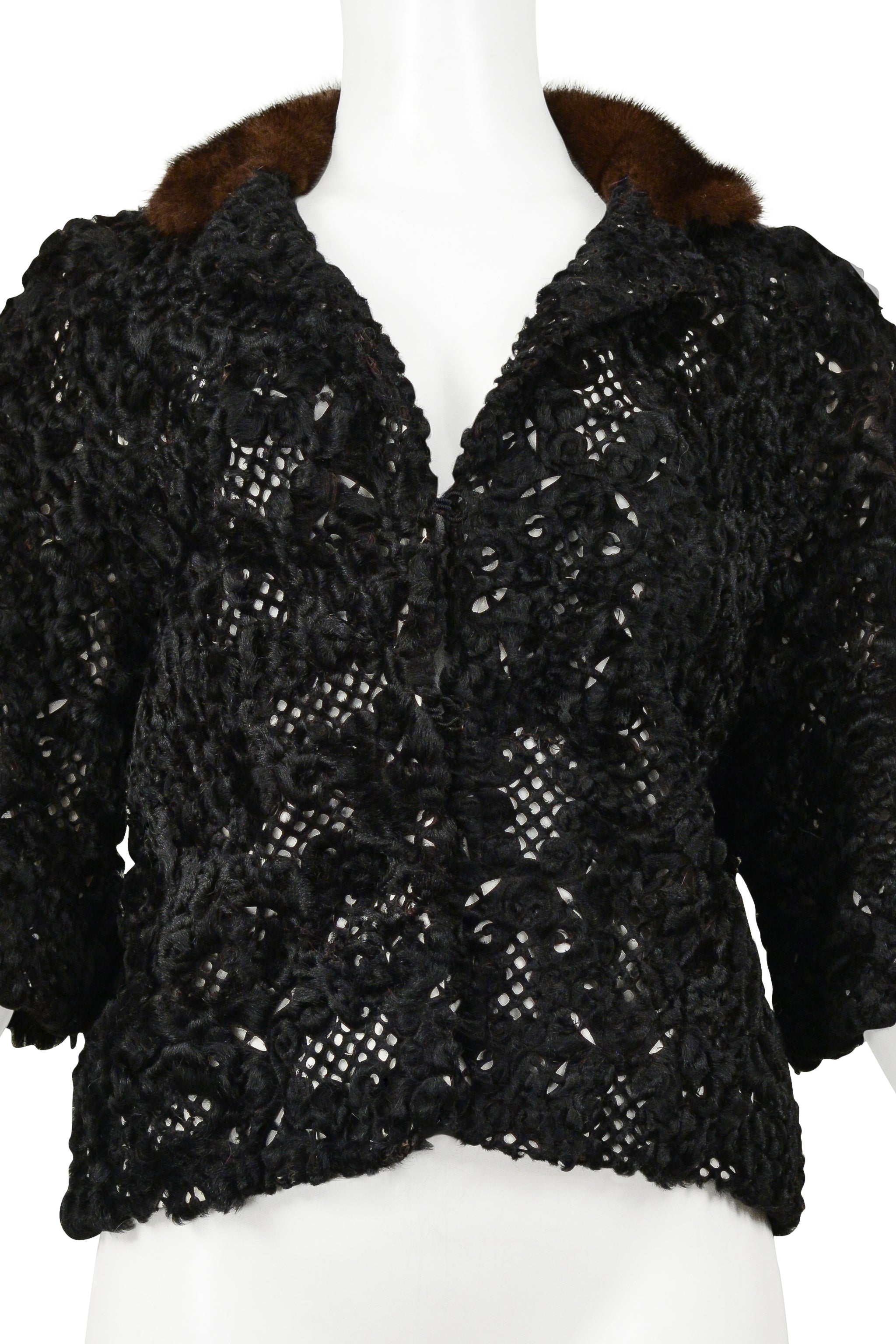 DIOR BY GALLIANO BLACK LASER CUT MINK JACKET WITH BROWN FUR COLLAR