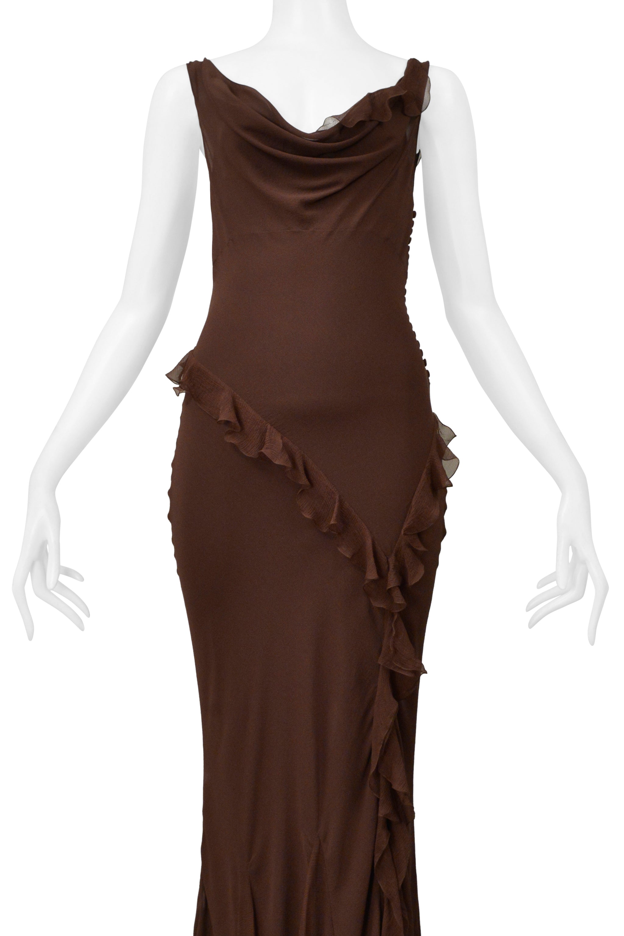 CHRISTIAN DIOR BY GALLIANO BROWN CHIFFON EVENING GOWN WITH RUFFLES