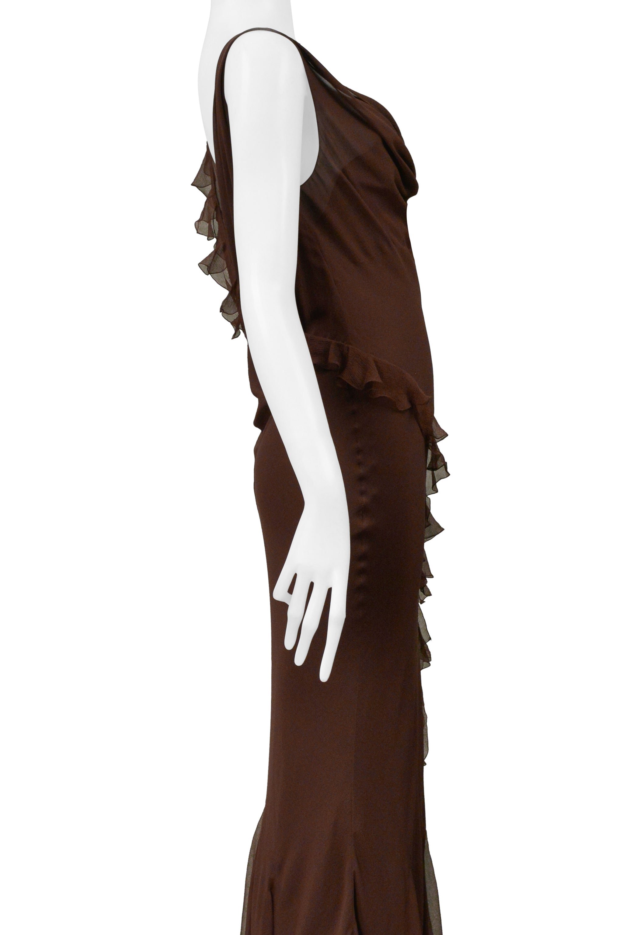 CHRISTIAN DIOR BY GALLIANO BROWN CHIFFON EVENING GOWN WITH RUFFLES