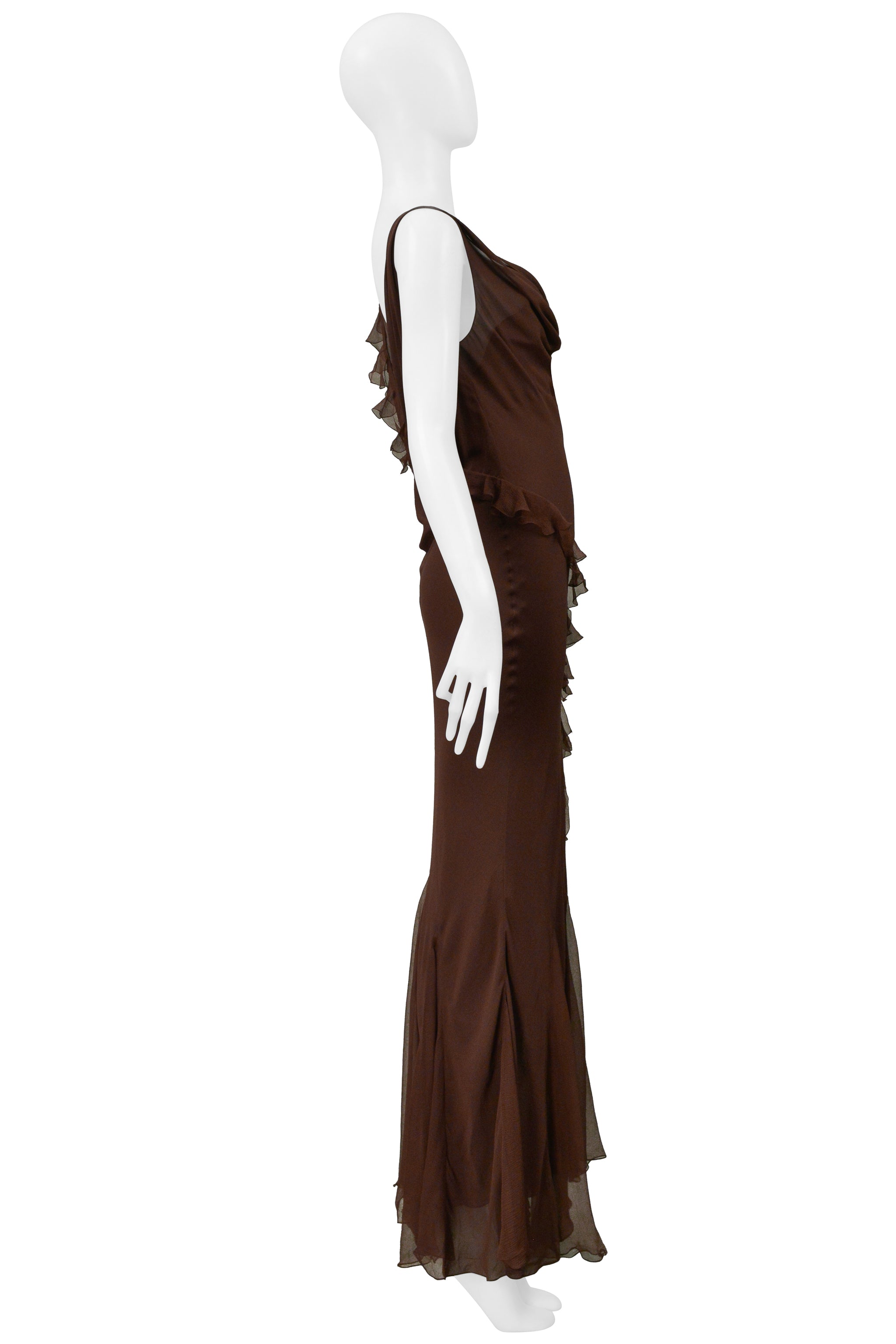 CHRISTIAN DIOR BY GALLIANO BROWN CHIFFON EVENING GOWN WITH RUFFLES