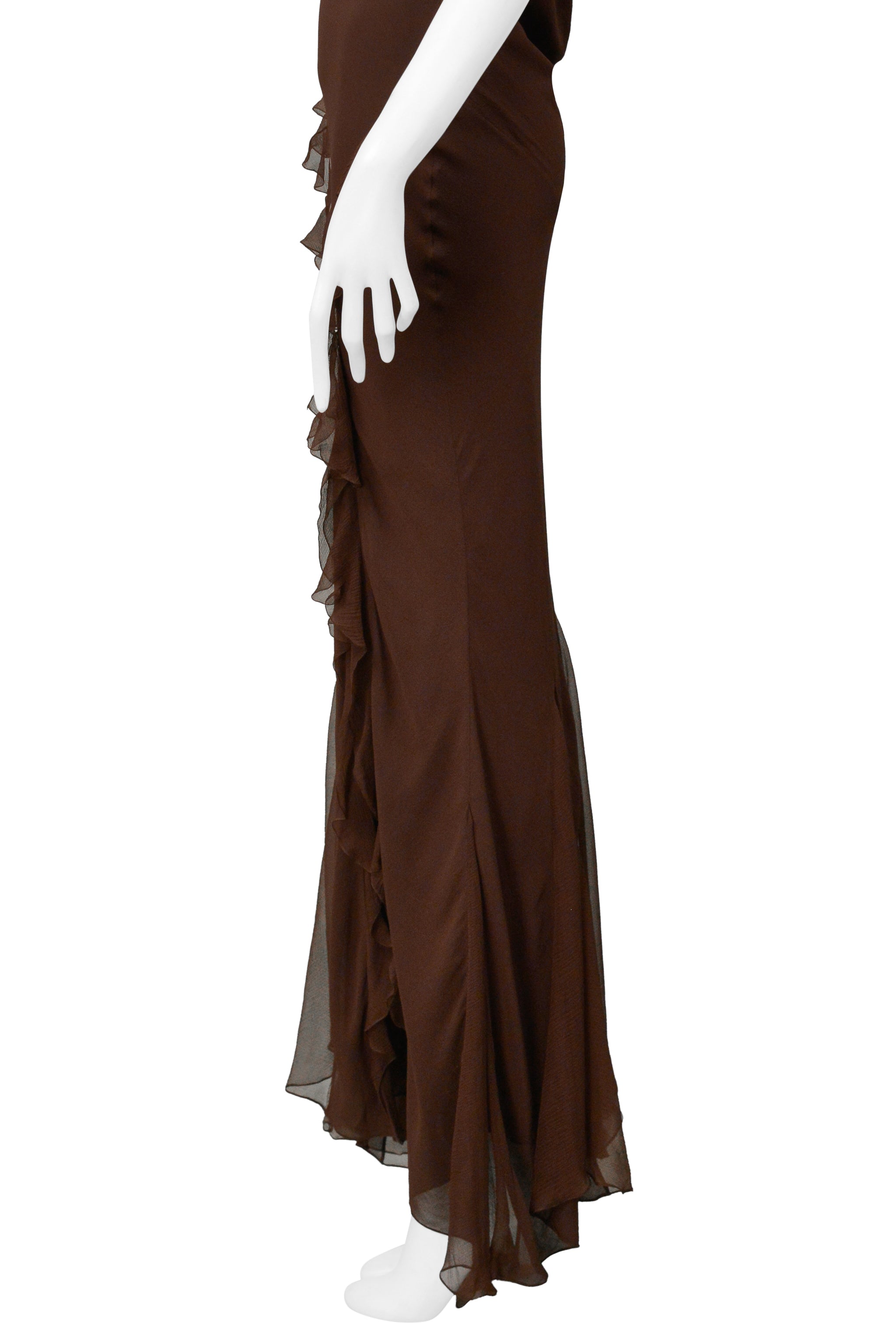 CHRISTIAN DIOR BY GALLIANO BROWN CHIFFON EVENING GOWN WITH RUFFLES
