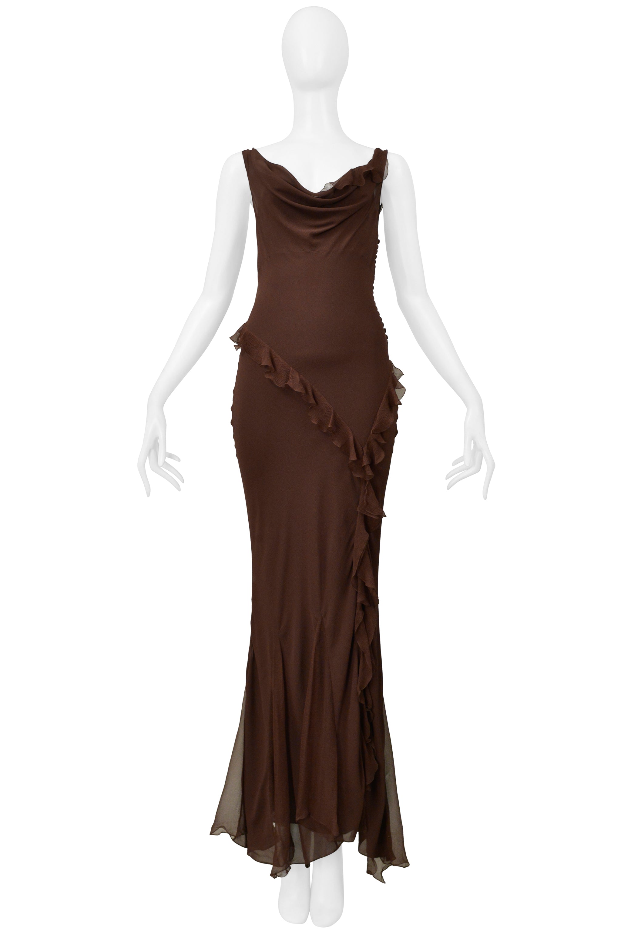 CHRISTIAN DIOR BY GALLIANO BROWN CHIFFON EVENING GOWN WITH RUFFLES