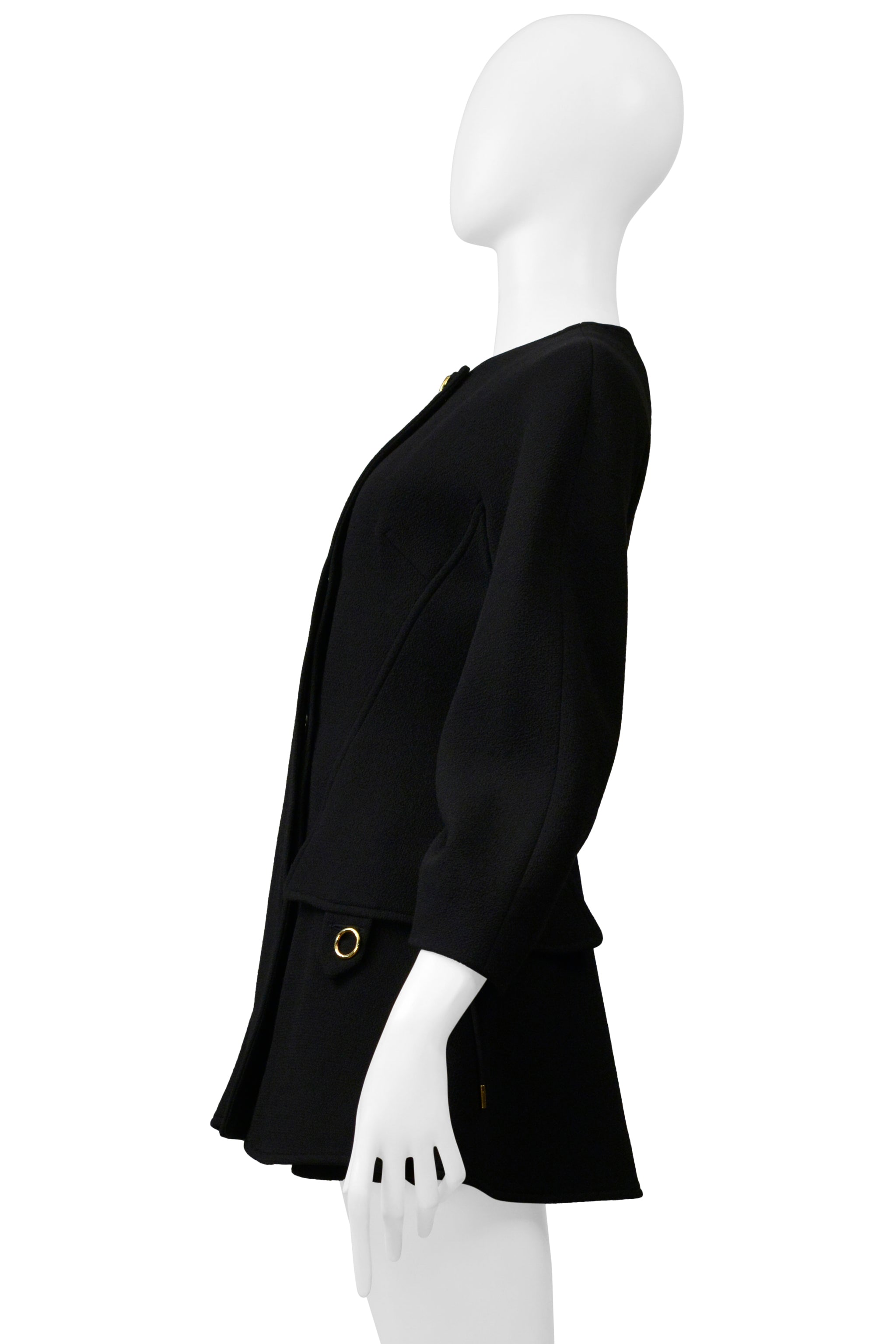 DIOR BY RAF SIMONS BLACK MODERNIST DRAWSTRING COAT WITH GOLD HARDWARE