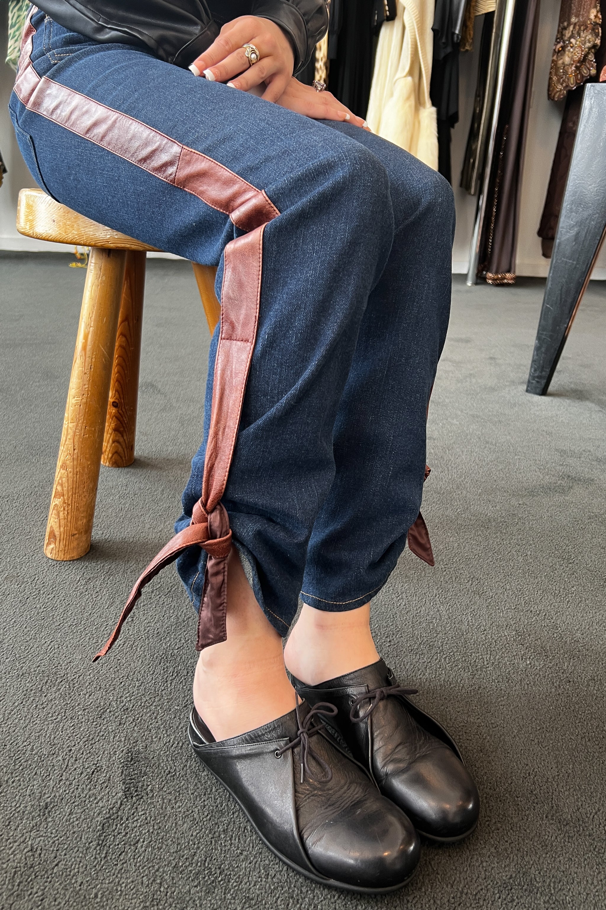 CHRISTIAN DIOR BLUE DENIM JEANS WITH LEATHER TRIM & TIES 2005