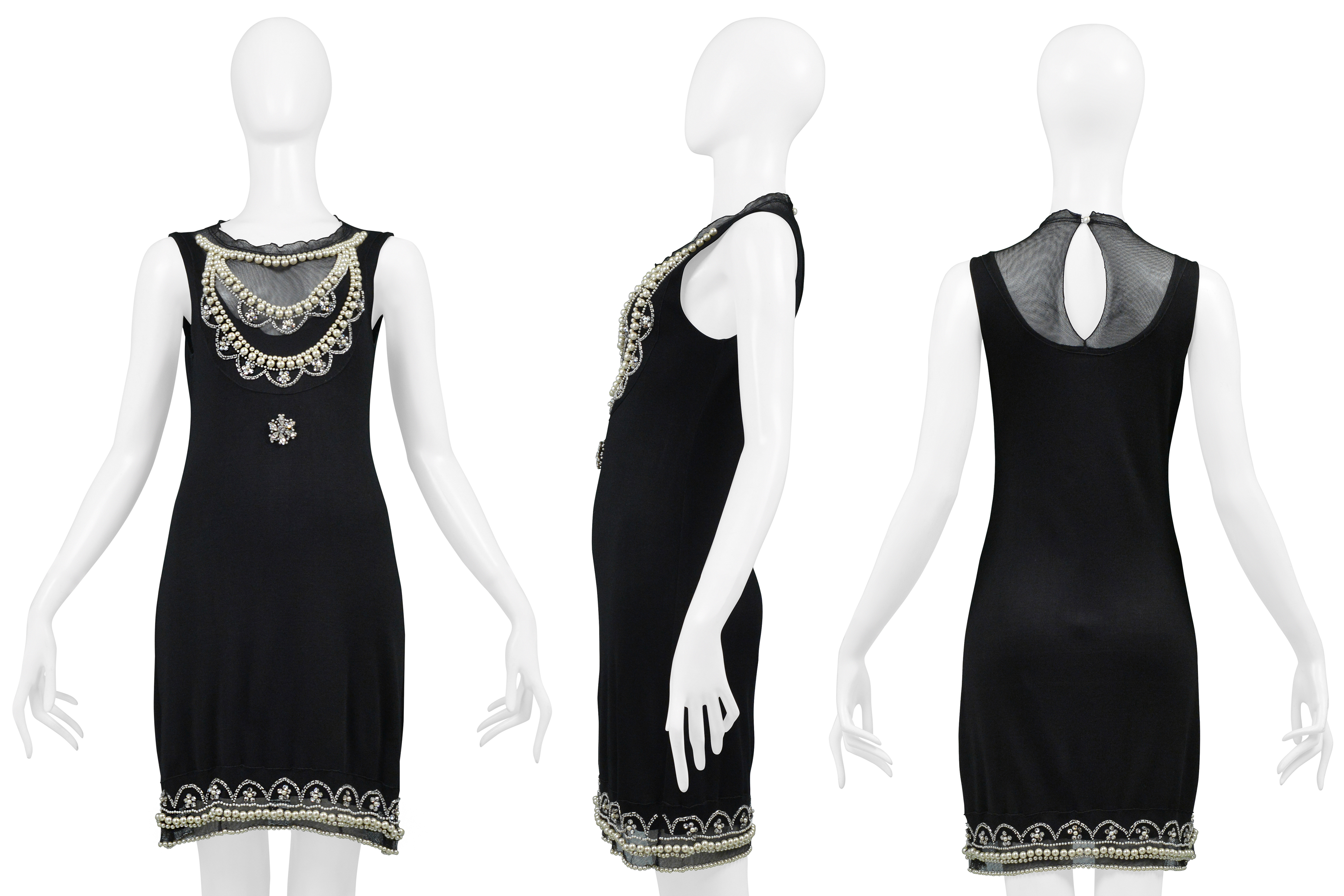 CHRISTIAN DIOR BY JOHN GALLIANO BLACK SILK DRESS WITH PEARLS & CRYSTAL EMBELLISHMENTS
