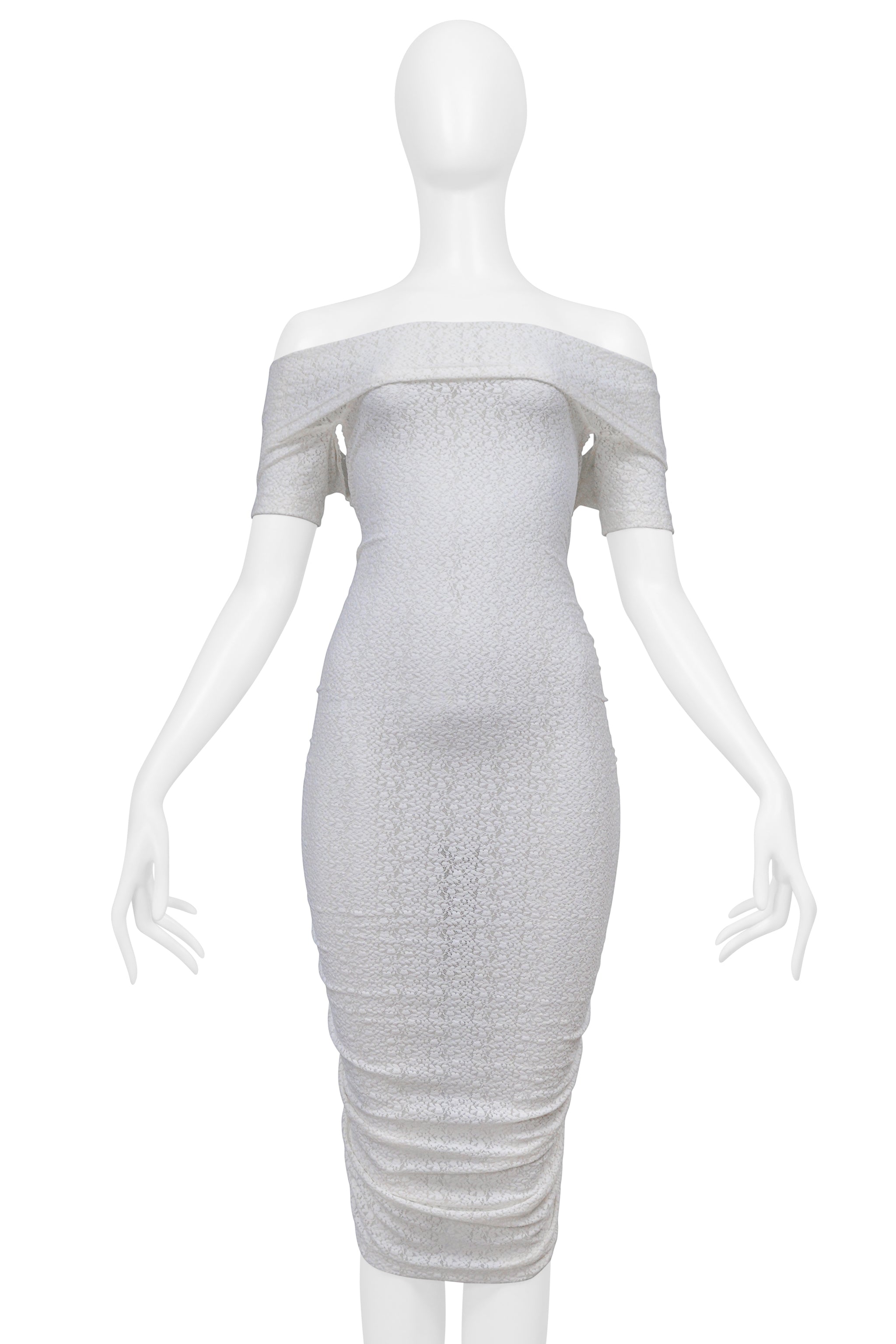 DOLCE & GABBANA D&G WHITE LACE OFF THE SHOULDER RUCHED DRESS