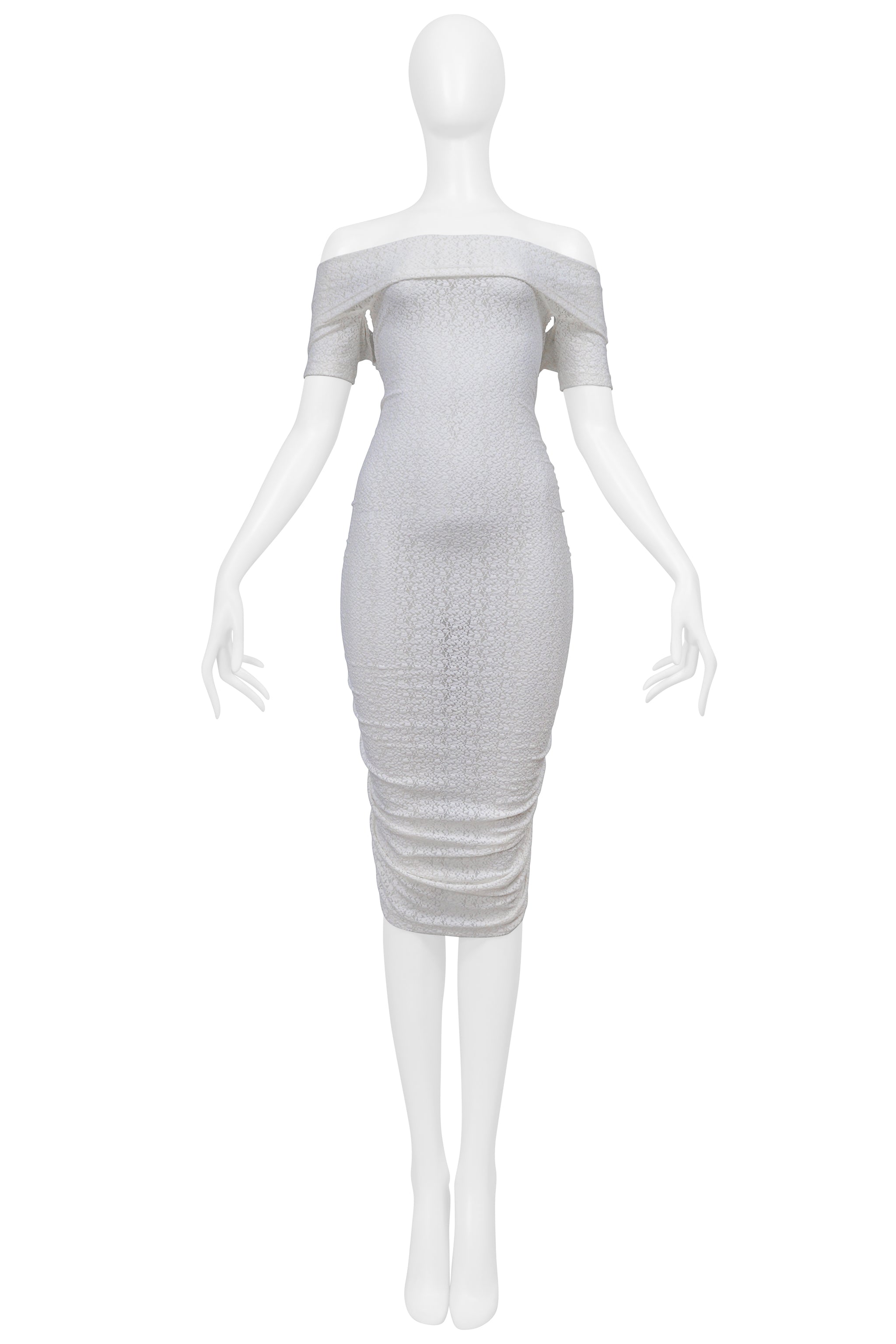 DOLCE & GABBANA D&G WHITE LACE OFF THE SHOULDER RUCHED DRESS