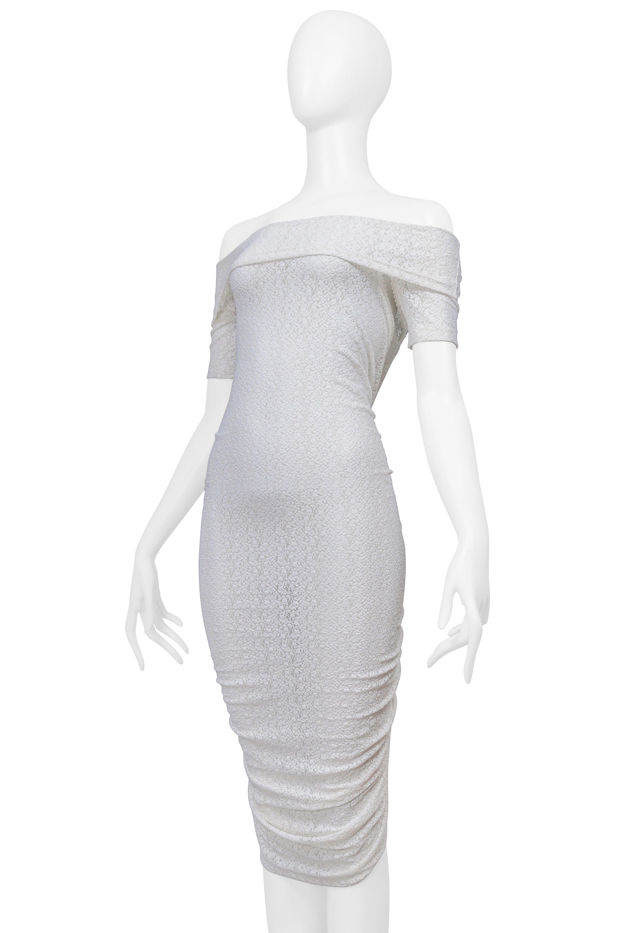 DOLCE & GABBANA D&G WHITE LACE OFF THE SHOULDER RUCHED DRESS