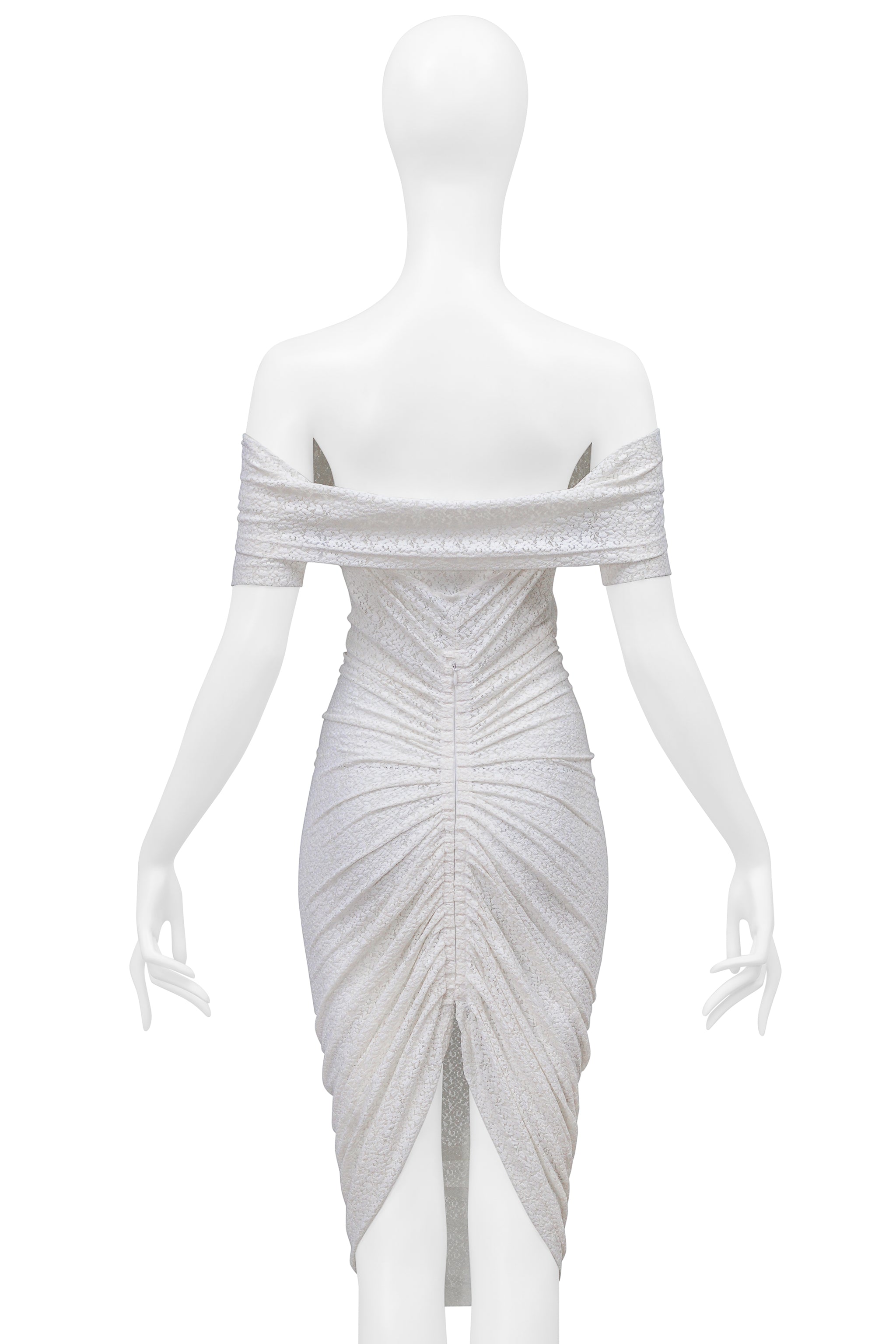 DOLCE & GABBANA D&G WHITE LACE OFF THE SHOULDER RUCHED DRESS