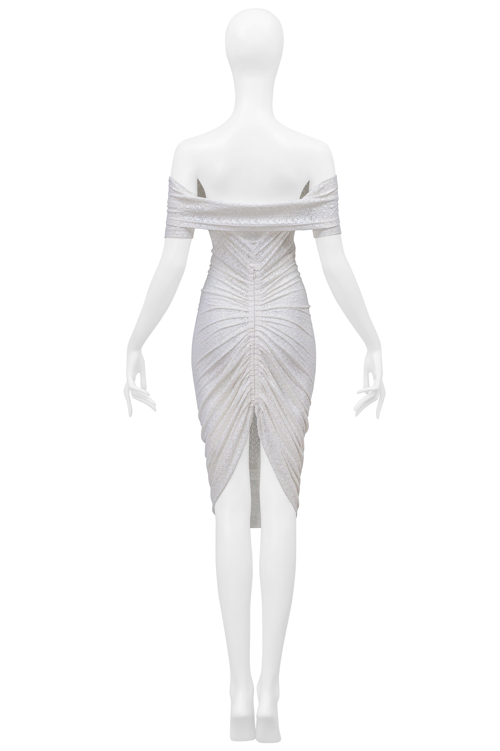 DOLCE & GABBANA D&G WHITE LACE OFF THE SHOULDER RUCHED DRESS