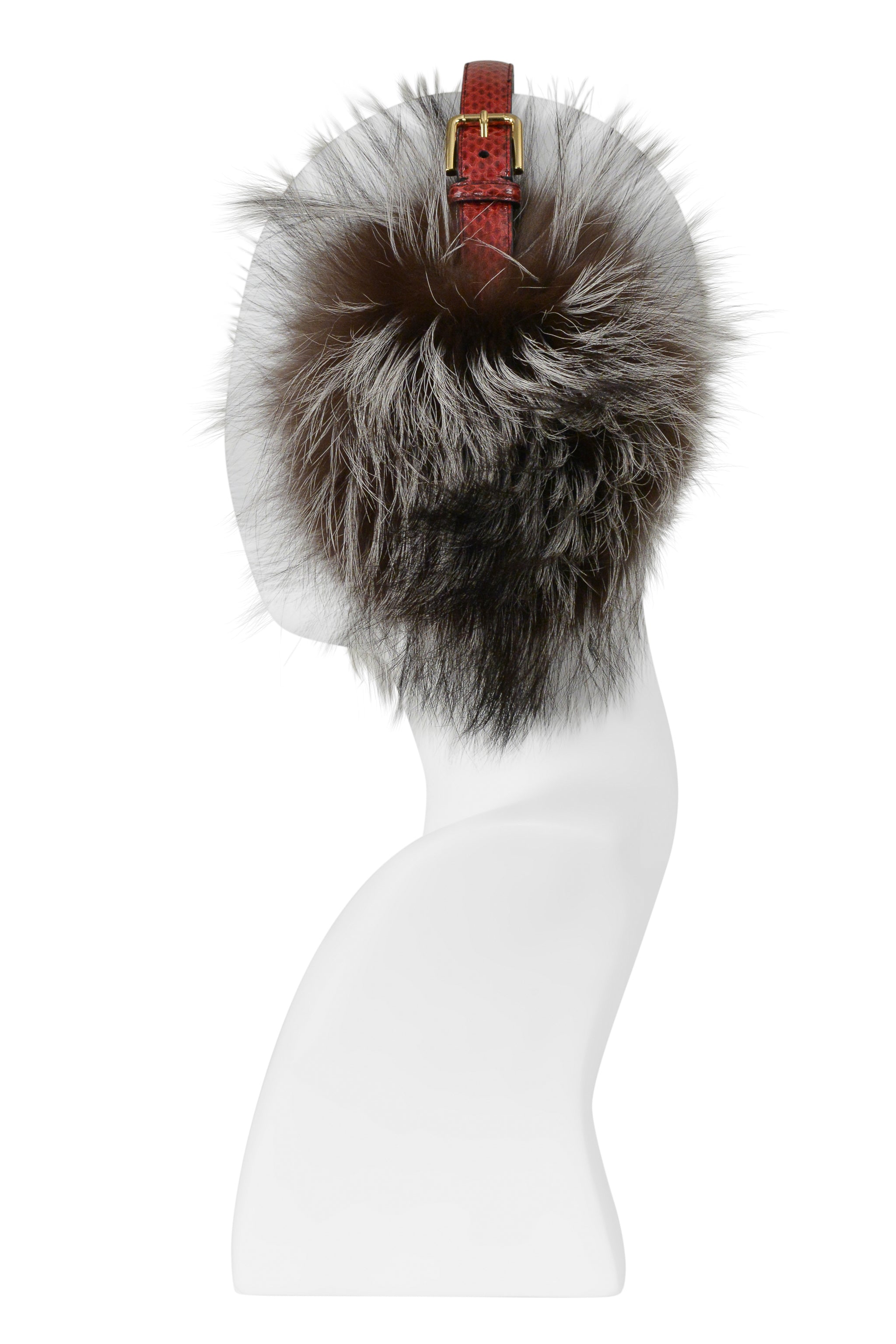 DOLCE & GABBANA EAR MUFFS WITH FUR AND RED PYTHON BAND WITH GOLD BUCKLE