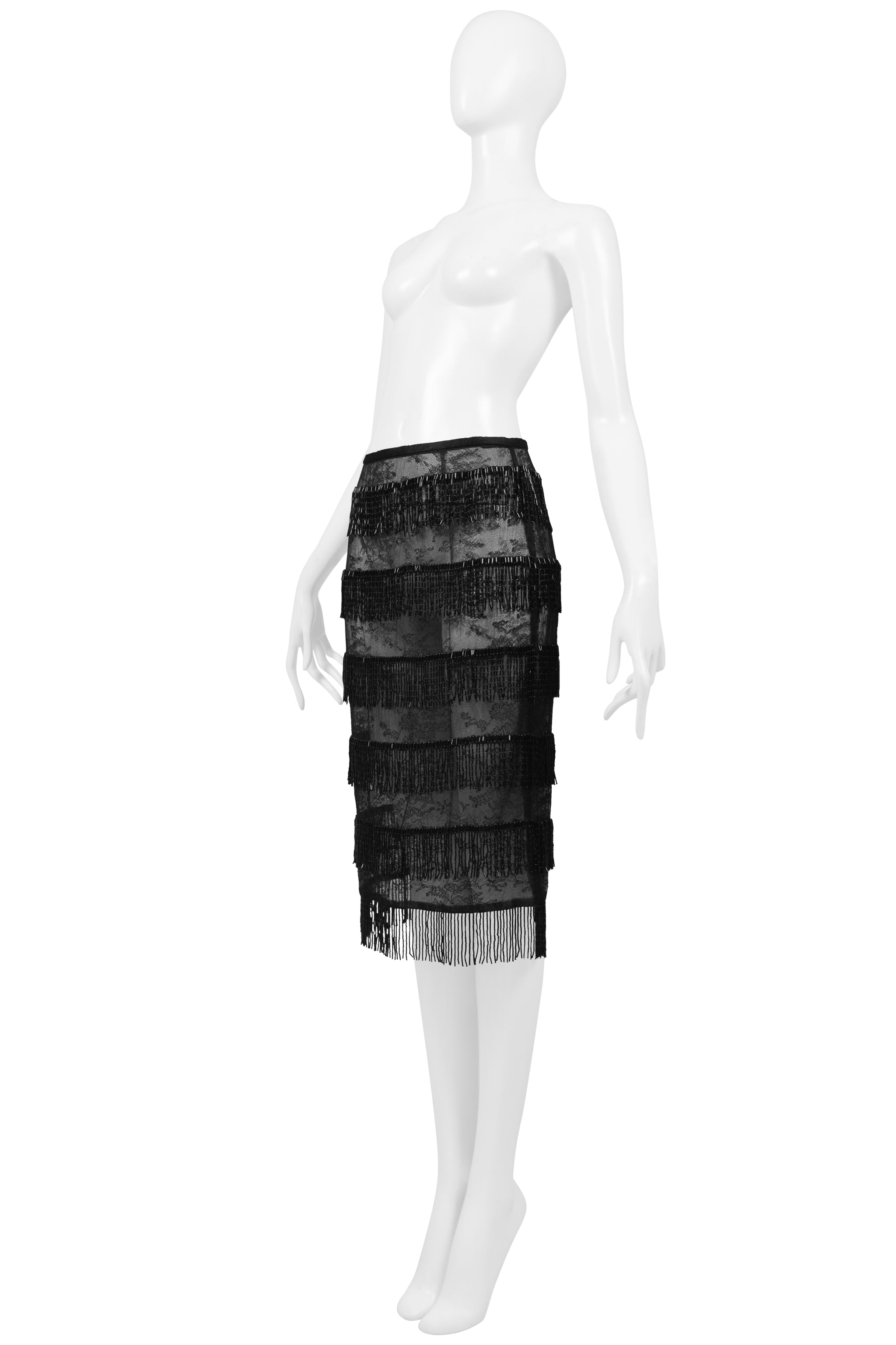 DOLCE & GABBANA BLACK SHEER SKIRT WITH BEADED FRINGE SS 2000