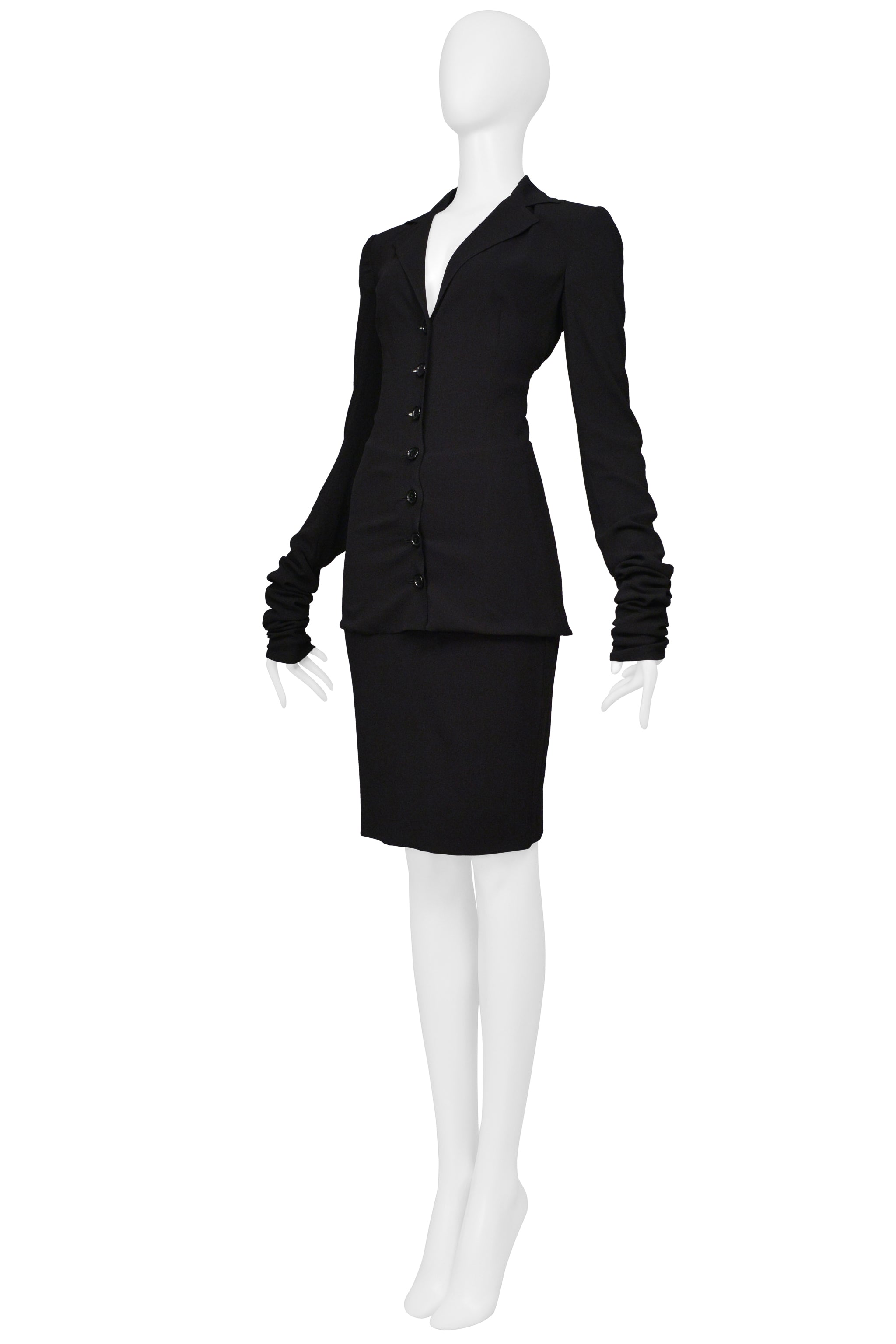 DOLCE & GABBANA BLACK CREPE JACKET WITH EXTRA LONG SLEEVES & SKIRT ENSEMBLE 2003