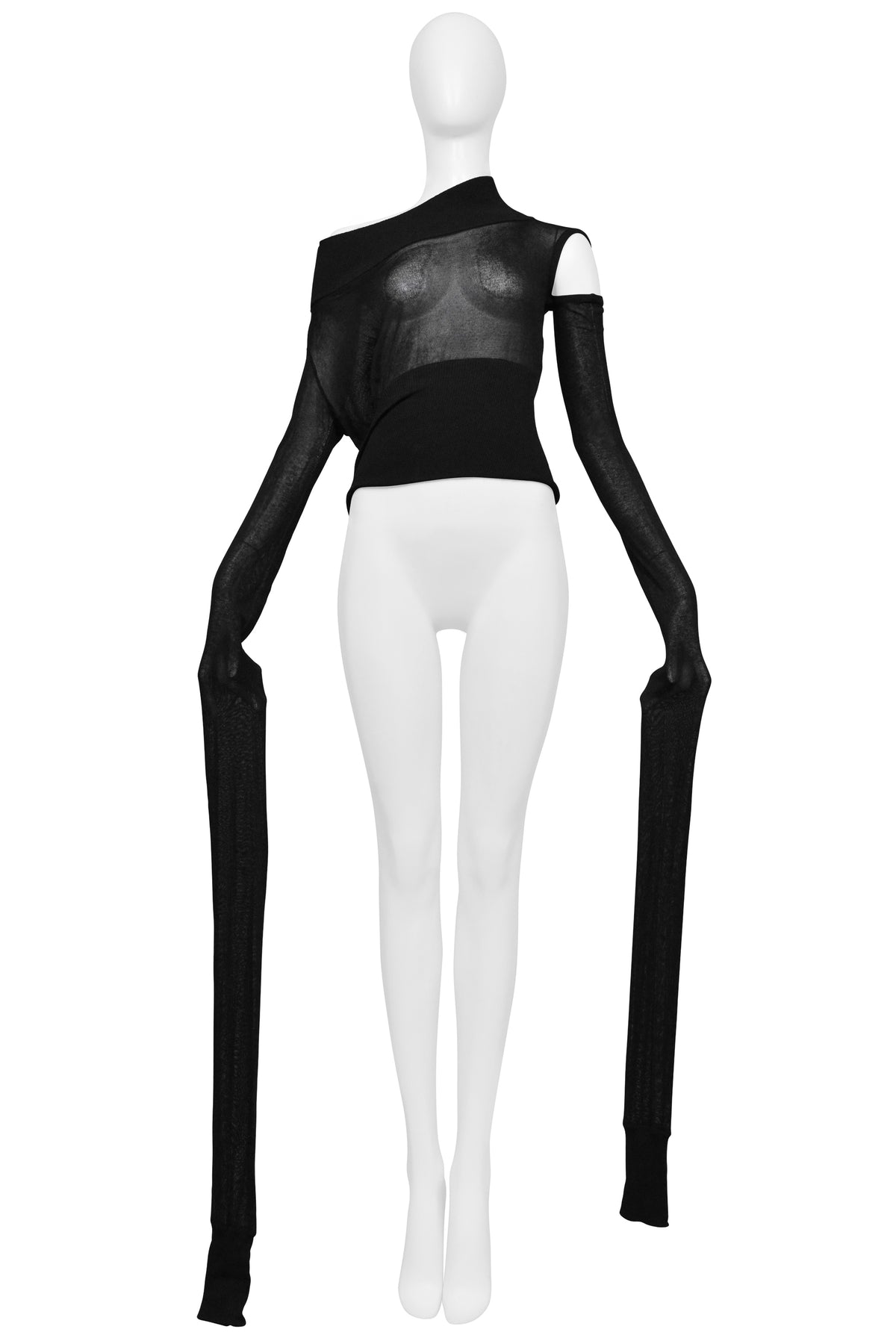 DOLCE & GABBANA 2003 BLACK MESH HIGH COLLAR ASYMMETRICAL TOP W DETACHABLE SLEEVE