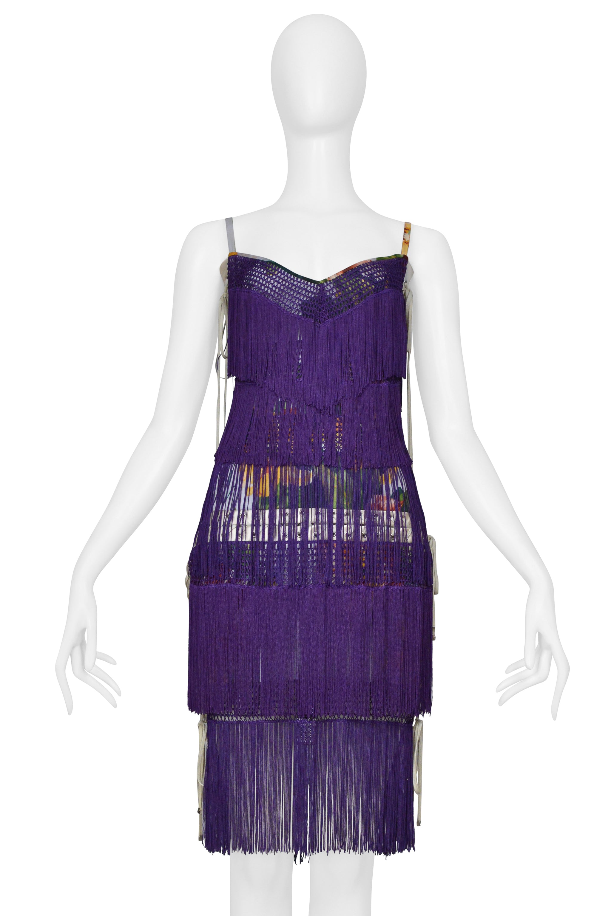 DOLCE & GABBANA PURPLE FRINGE DRESS WITH FLORAL PRINT 2003