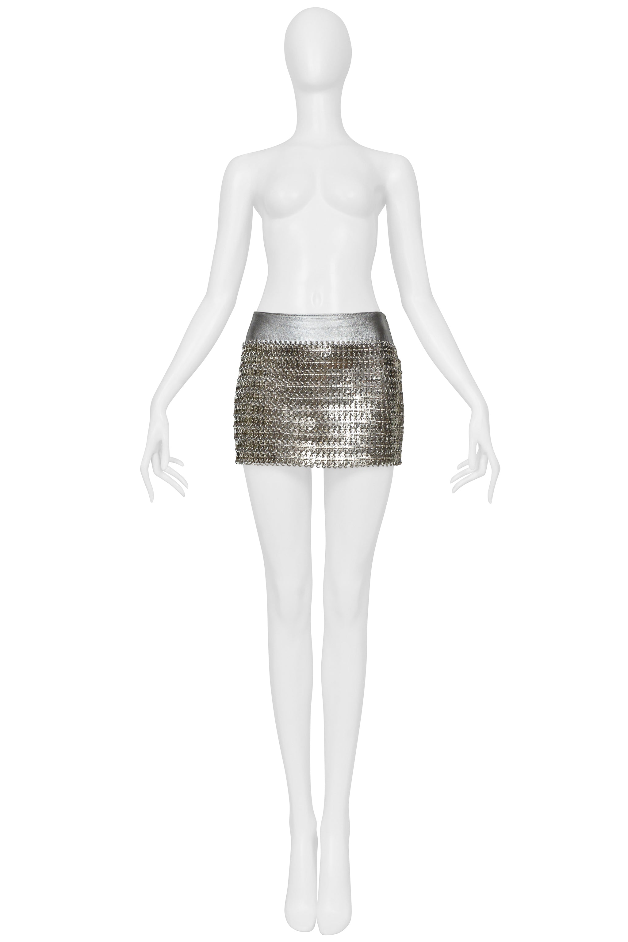 DOLCE & GABBANA SILVER MINI LEATHER SKIRT WITH METAL DISCS 2003