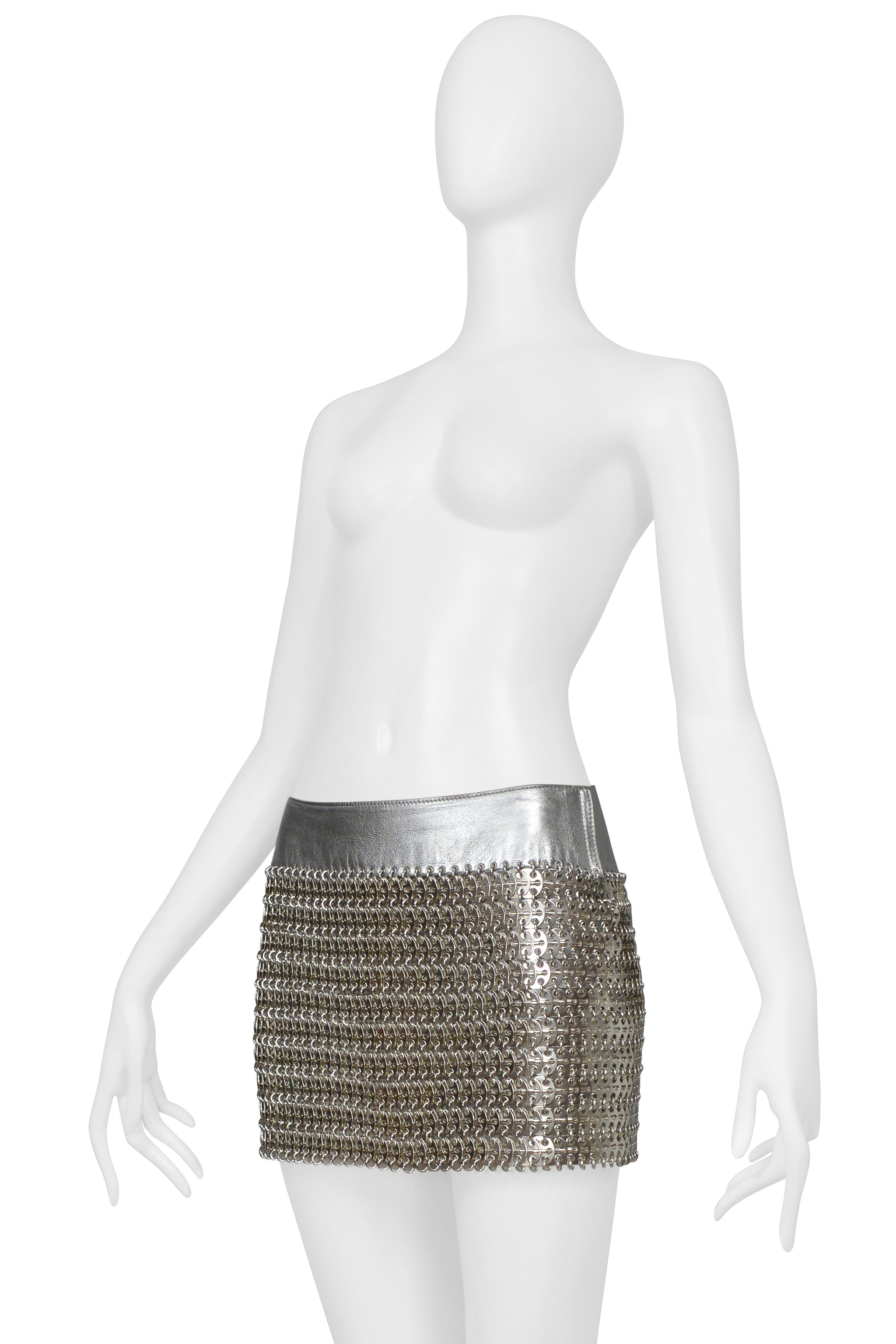 DOLCE & GABBANA SILVER MINI LEATHER SKIRT WITH METAL DISCS 2003