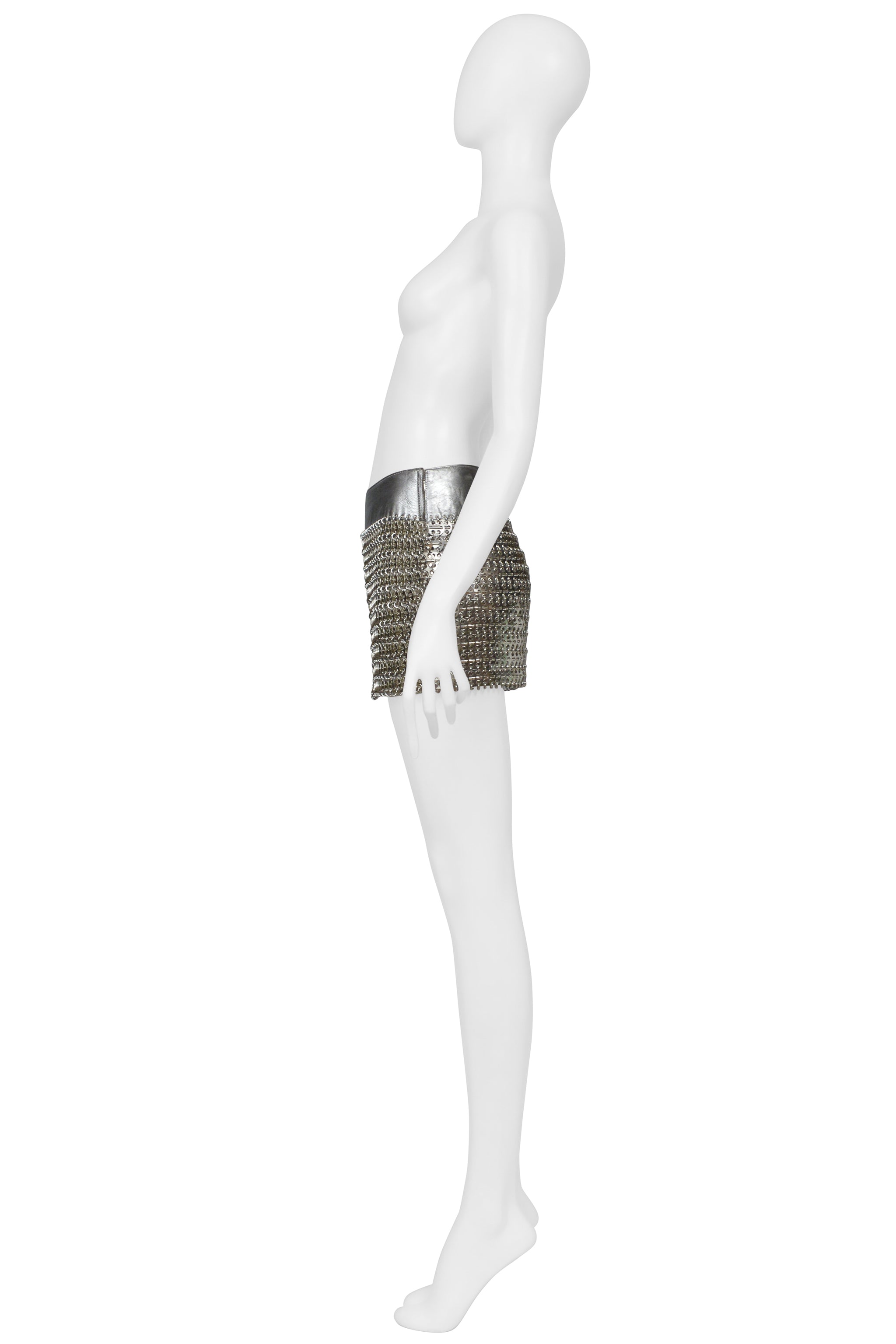 DOLCE & GABBANA SILVER MINI LEATHER SKIRT WITH METAL DISCS 2003