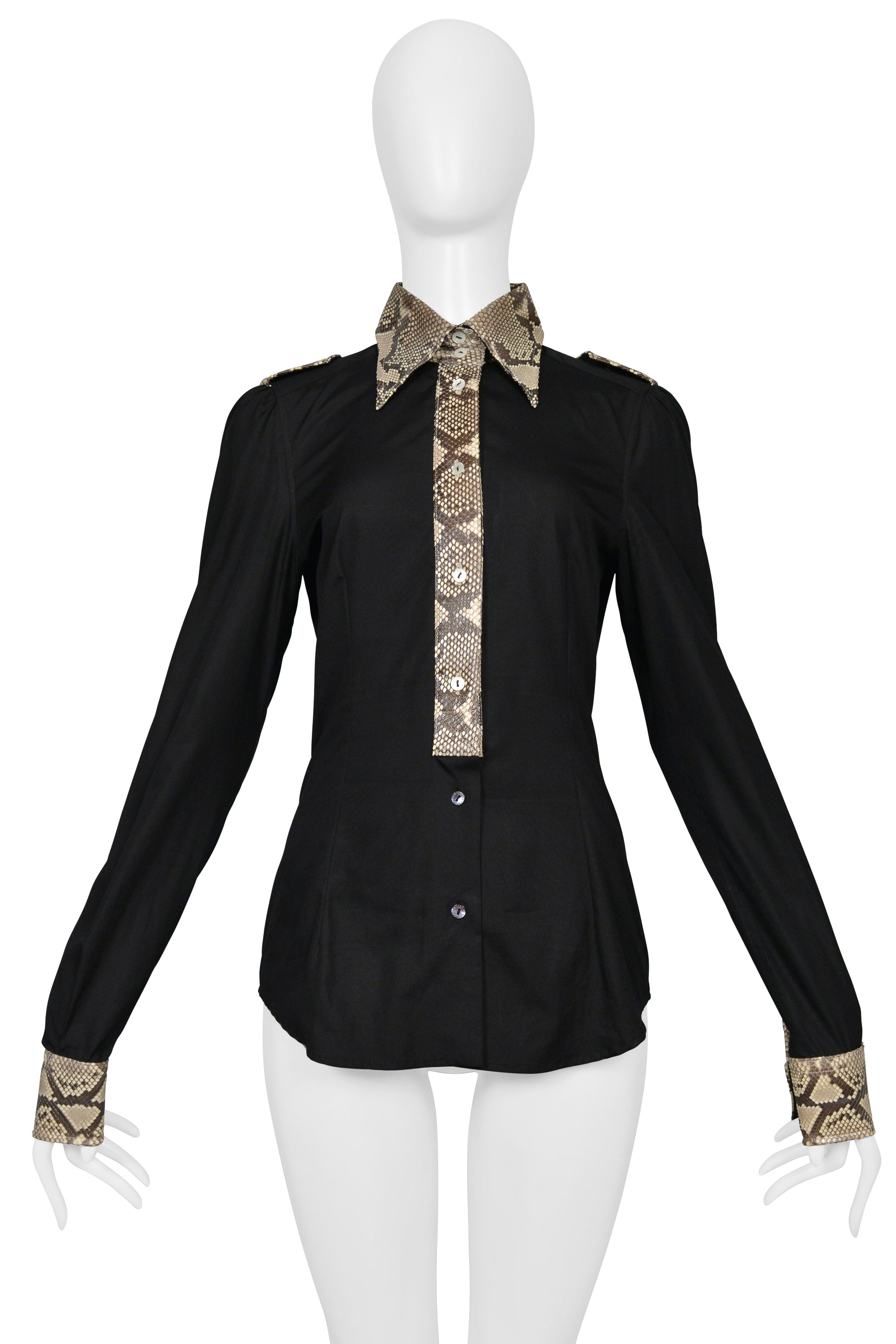 DOLCE & GABBANA BLACK COTTON LONG SLEEVE SHIRT WITH PYTHON TRIM AND COLLAR 2005