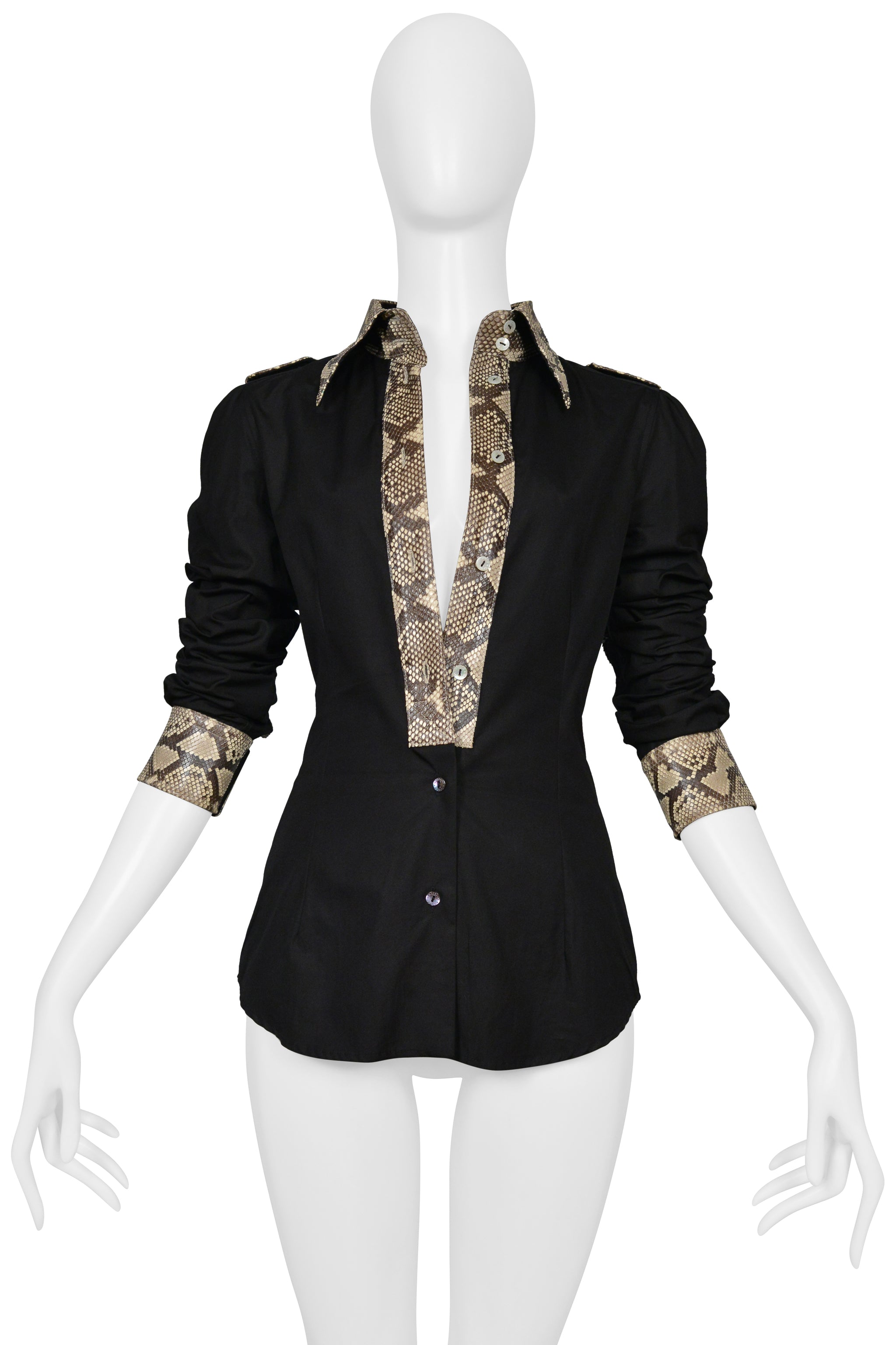 DOLCE & GABBANA BLACK COTTON LONG SLEEVE SHIRT WITH PYTHON TRIM AND COLLAR 2005