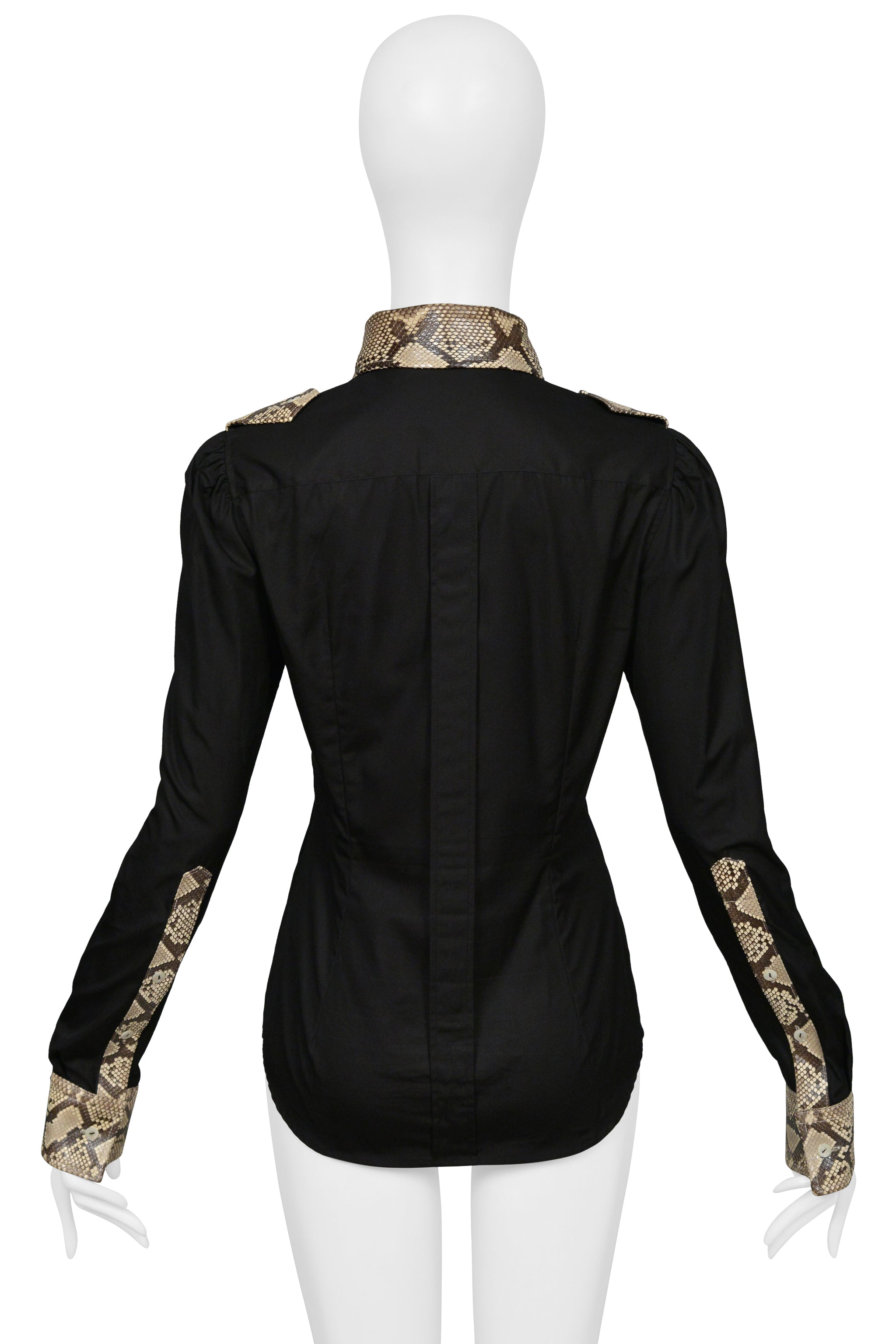 DOLCE & GABBANA BLACK COTTON LONG SLEEVE SHIRT WITH PYTHON TRIM AND COLLAR 2005