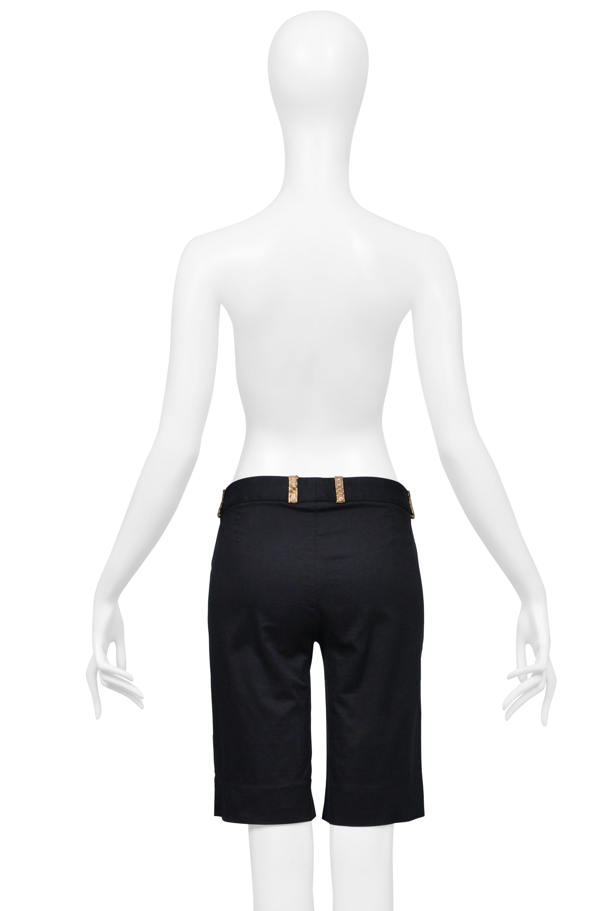 DOLCE & GABBANA BLACK COTTON BERMUDA SHORTS WITH PYTHON-EFFECT LEATHER TRIM