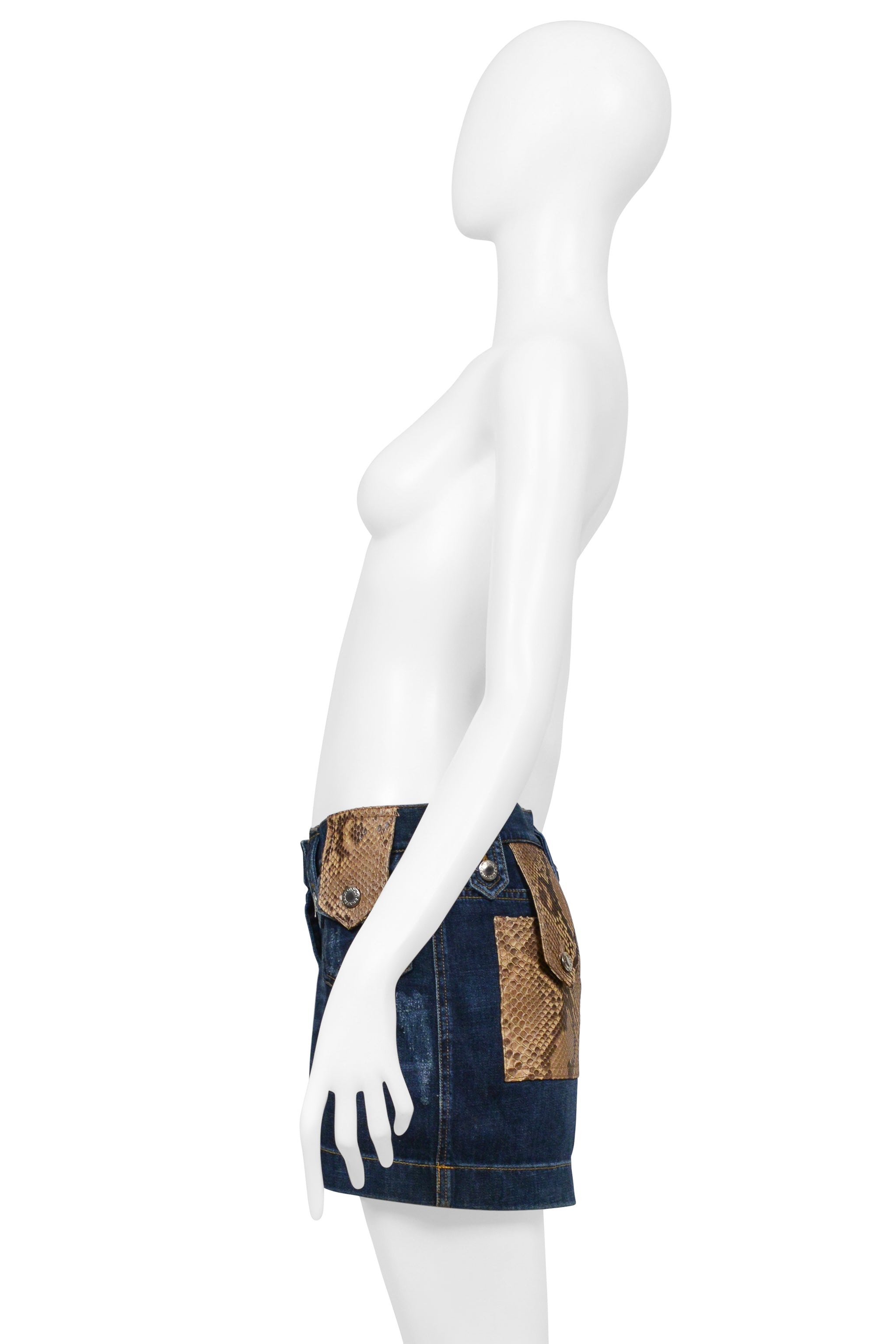DOLCE & GABBANA BLUE DENIM WASH SUPER-MINI SKIRT WITH PYTHON TRIM 2005