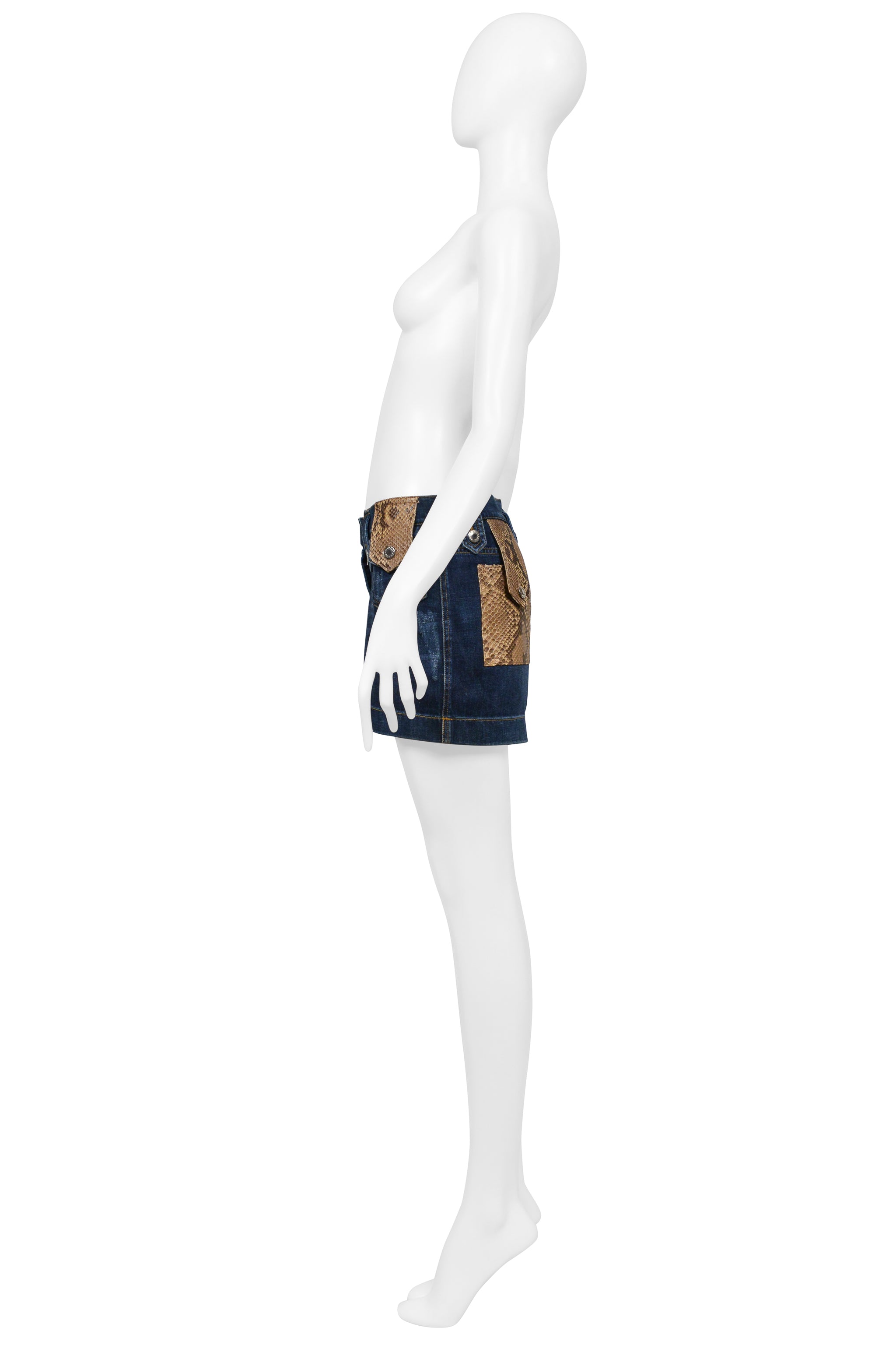 DOLCE & GABBANA BLUE DENIM WASH SUPER-MINI SKIRT WITH PYTHON TRIM 2005