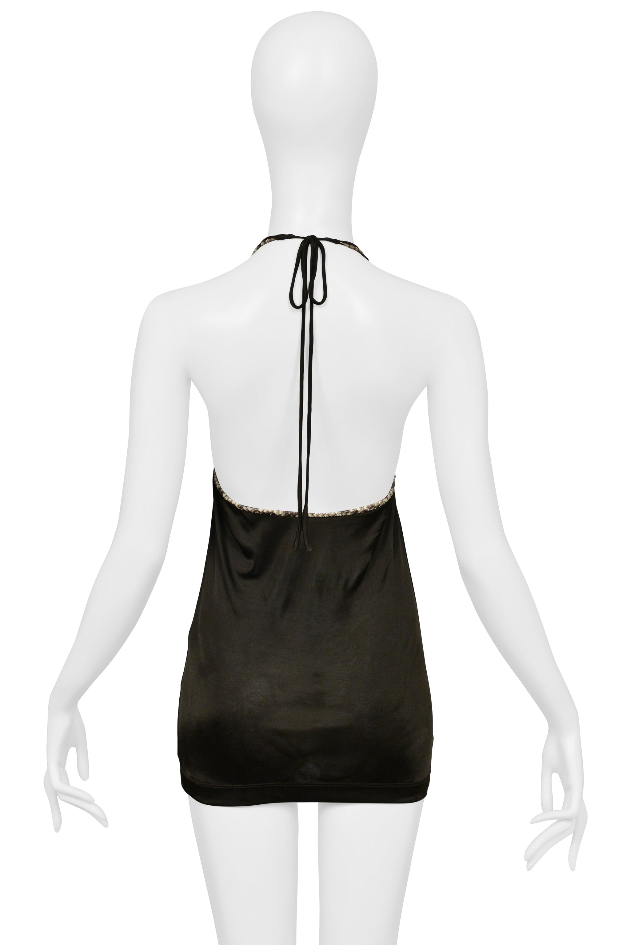 DOLCE & GABBANA BROWN JERSEY HALTER TOP WITH PYTHON TRIM