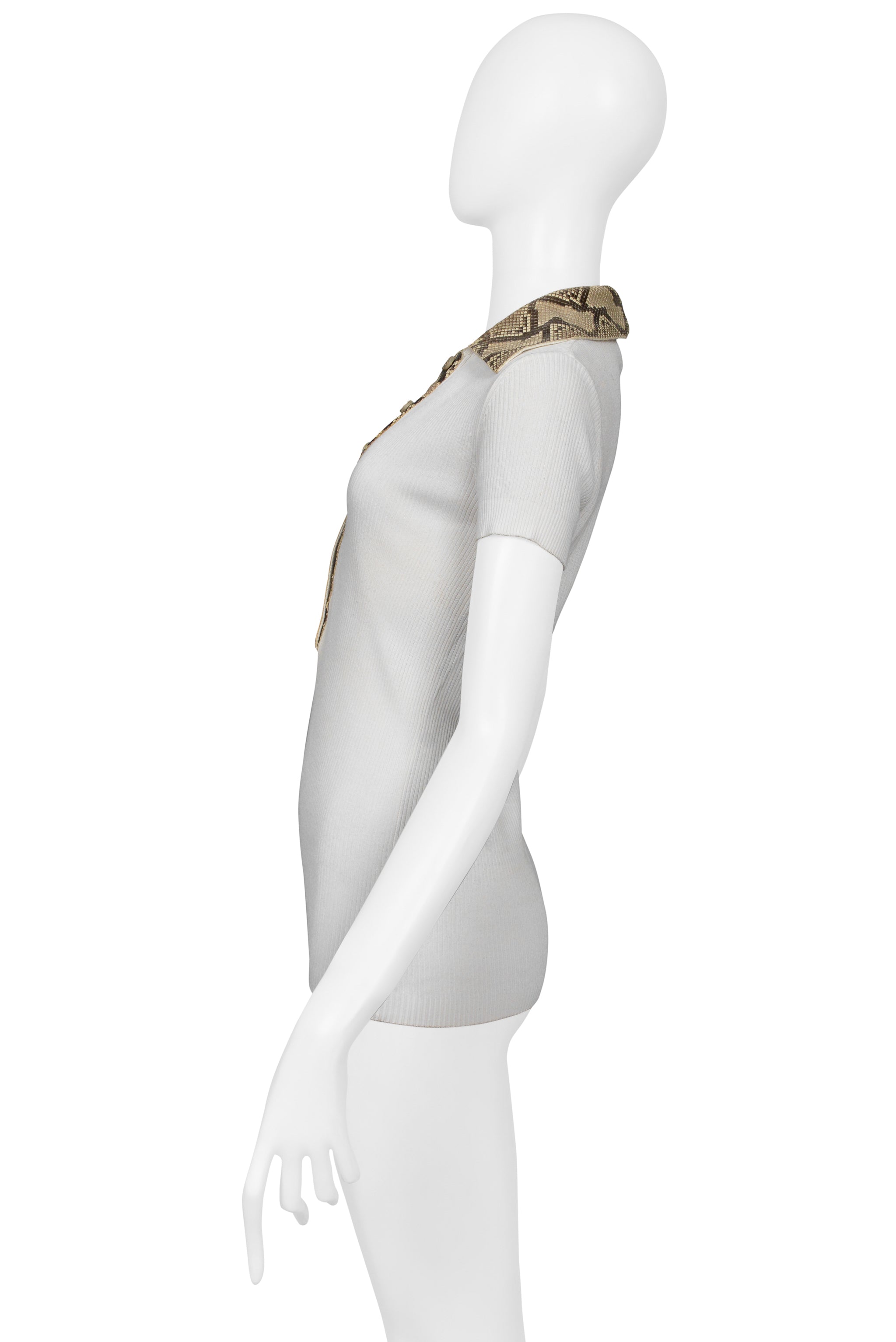 DOLCE & GABBANA WHITE RIBBED KNIT TOP W PYTHON-EFFECT LEATHER TRIM COLLAR & BUTTONS 2005
