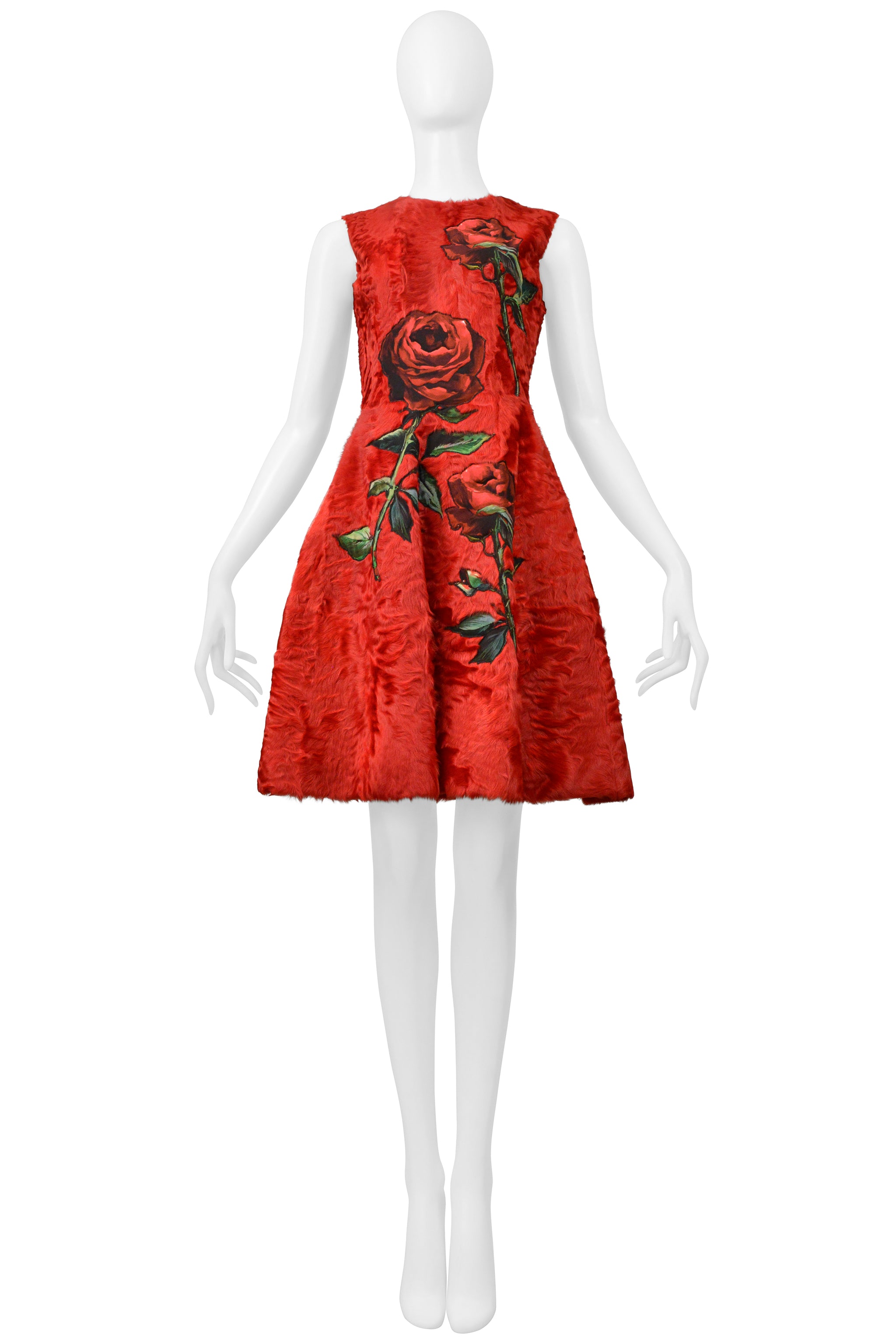 DOLCE & GABBANA RED FUR DRESS WITH ROSE APPLIQUES 2015
