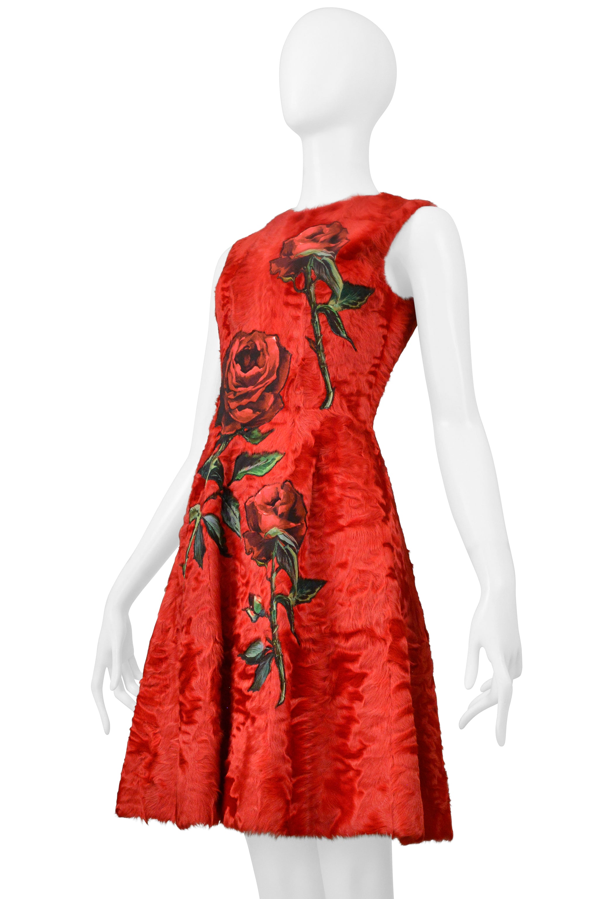 DOLCE & GABBANA RED FUR DRESS WITH ROSE APPLIQUES 2015