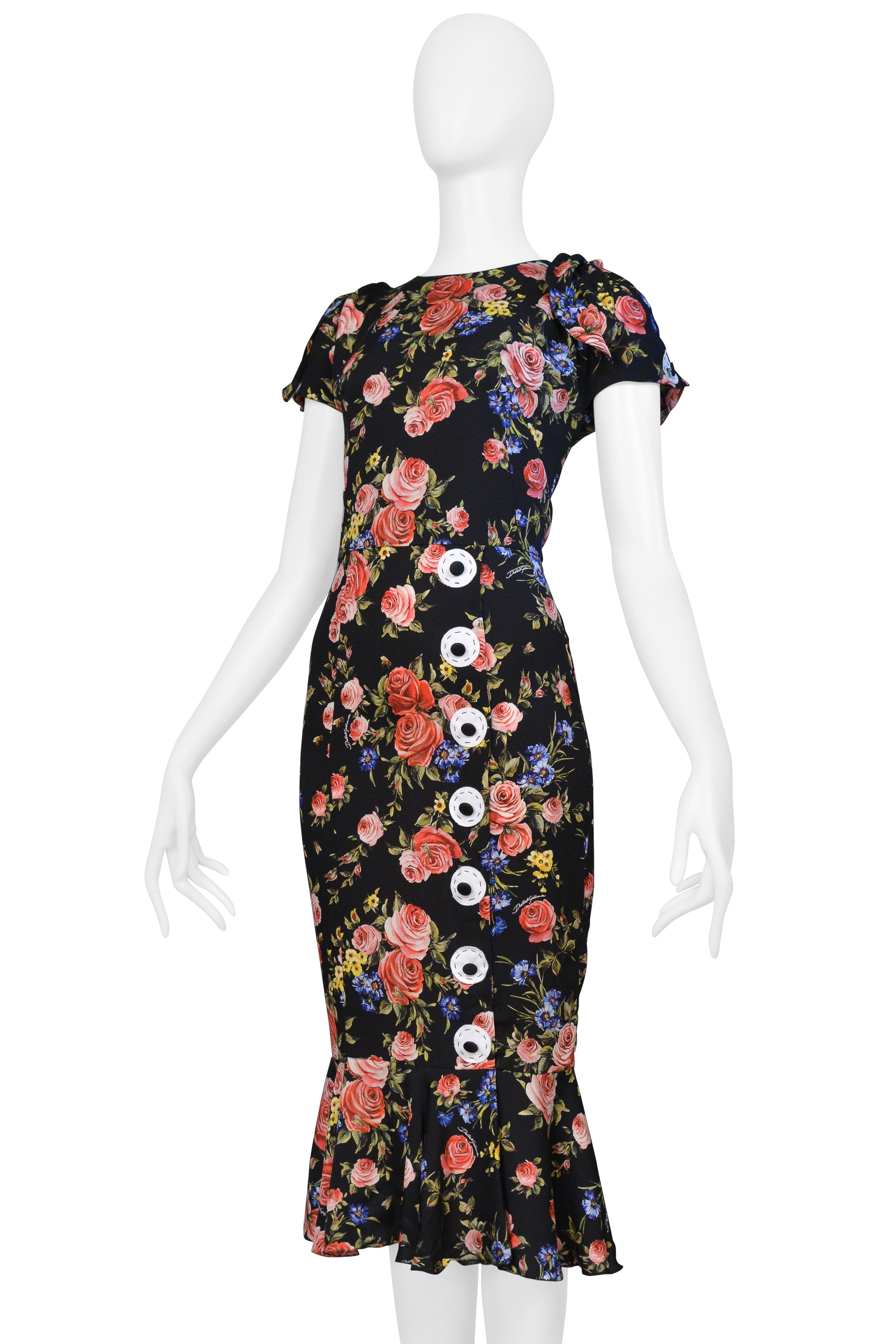 DOLCE & GABBANA BLACK FLORAL SILK DRESS WITH BUTTON APPLIQUES 2017
