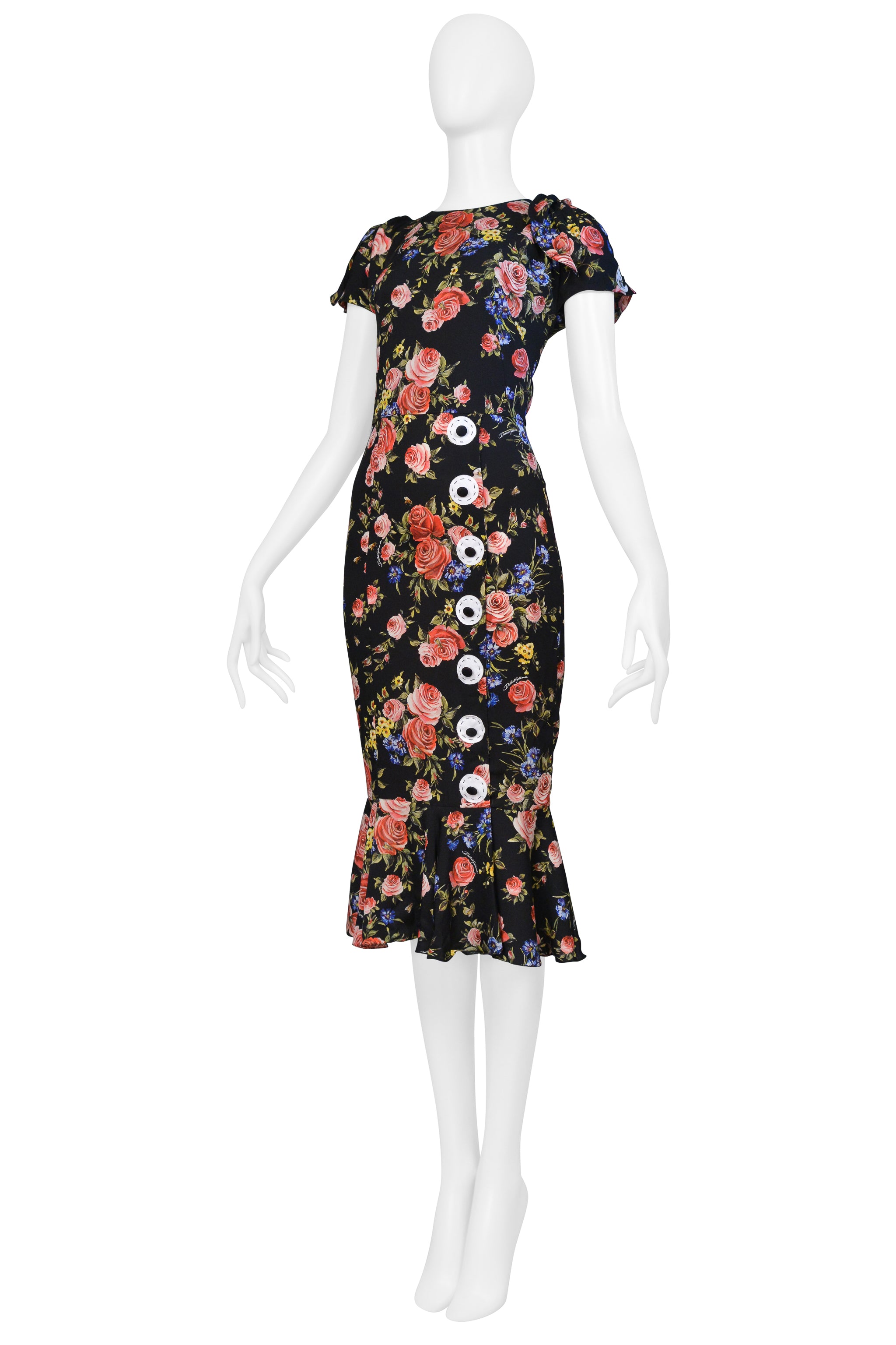 DOLCE & GABBANA BLACK FLORAL SILK DRESS WITH BUTTON APPLIQUES 2017