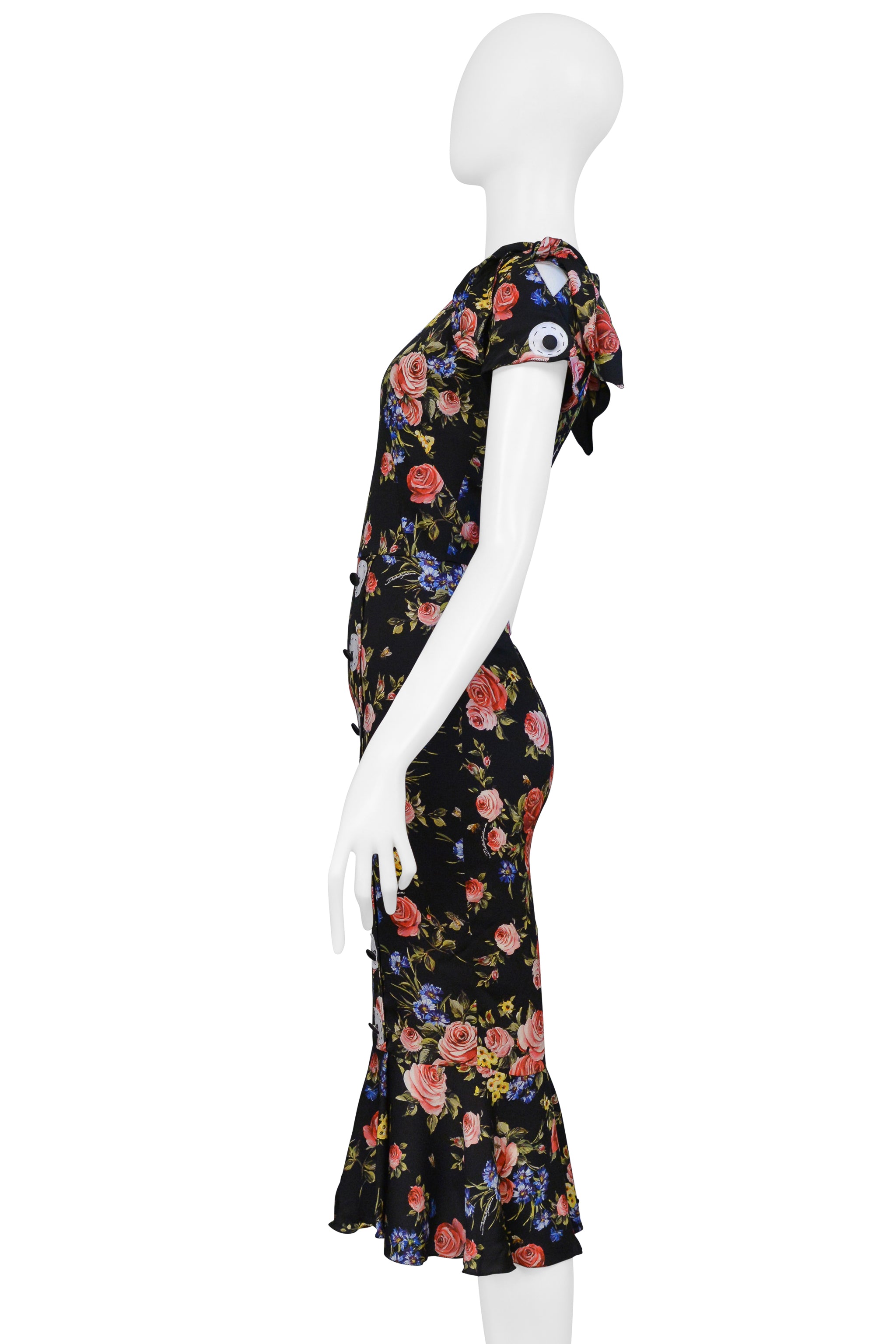 DOLCE & GABBANA BLACK FLORAL SILK DRESS WITH BUTTON APPLIQUES 2017