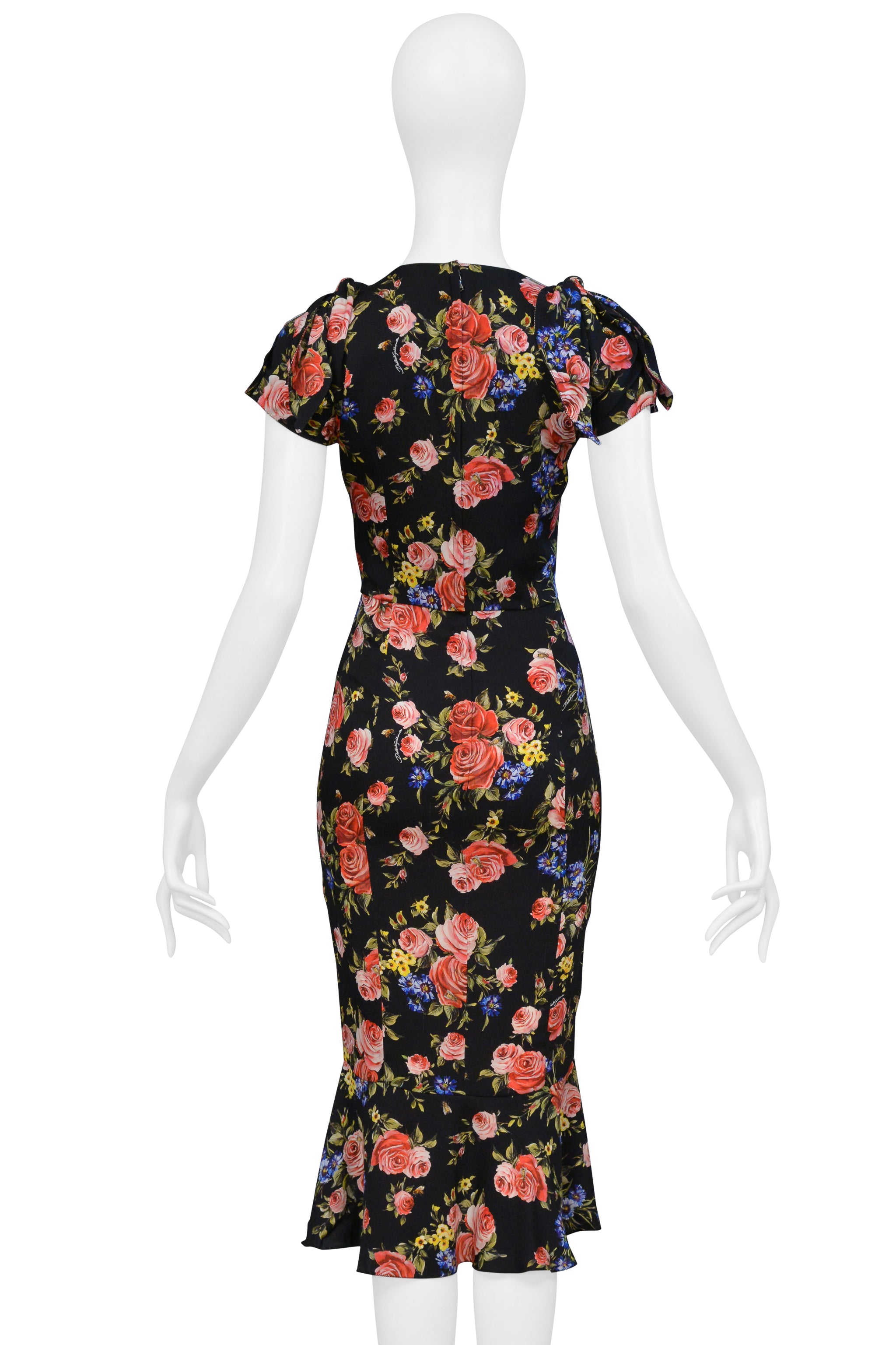 DOLCE & GABBANA BLACK FLORAL SILK DRESS WITH BUTTON APPLIQUES 2017